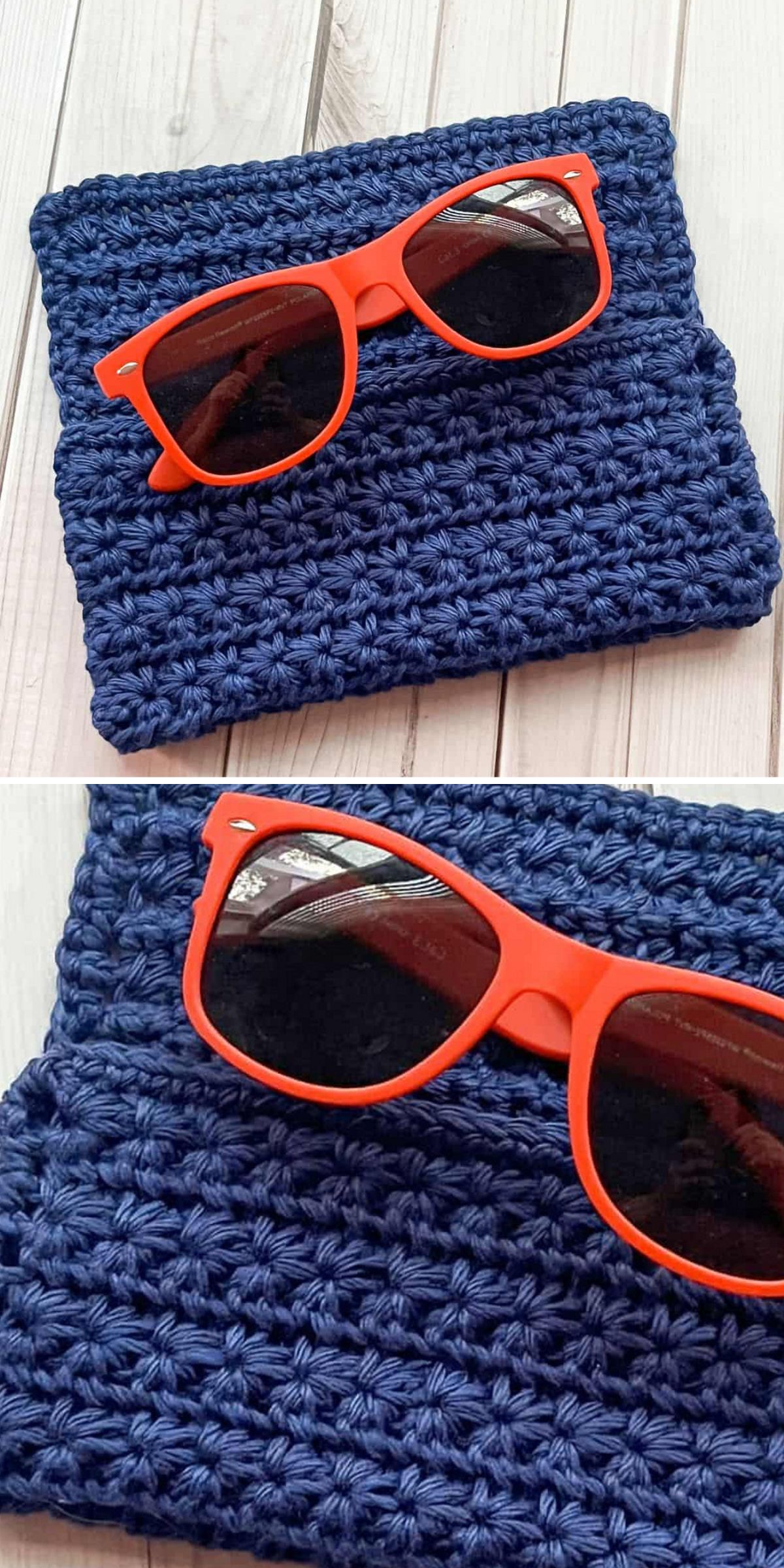 A pair of bright orange sunglasses rests on a folded, dark blue crochet pouch placed on a light wooden surface.