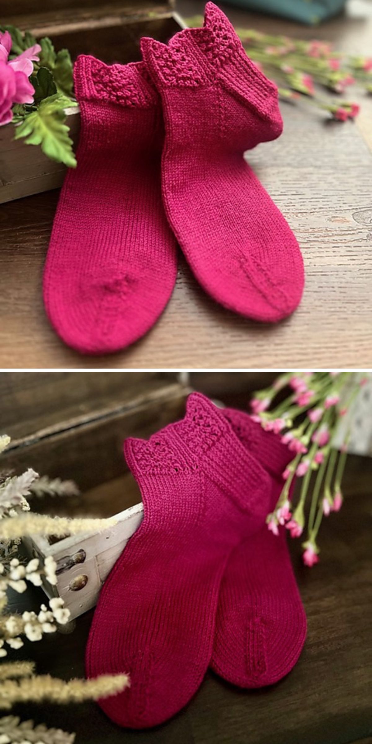 Two close-up images of a pair of knitted, bright pink socks with decorative cuffs, displayed on wooden surfaces near flowers, showcasing intricate knitting patterns for socks.