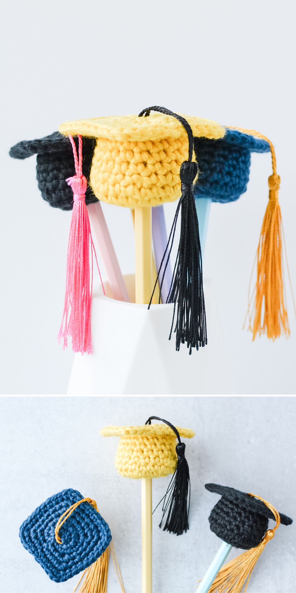Two images show crochet graduation caps with colorful tassels placed on top of pencils, offering creative crochet graduation gift ideas. Close-up views highlight the yellow and black caps in the second image.
