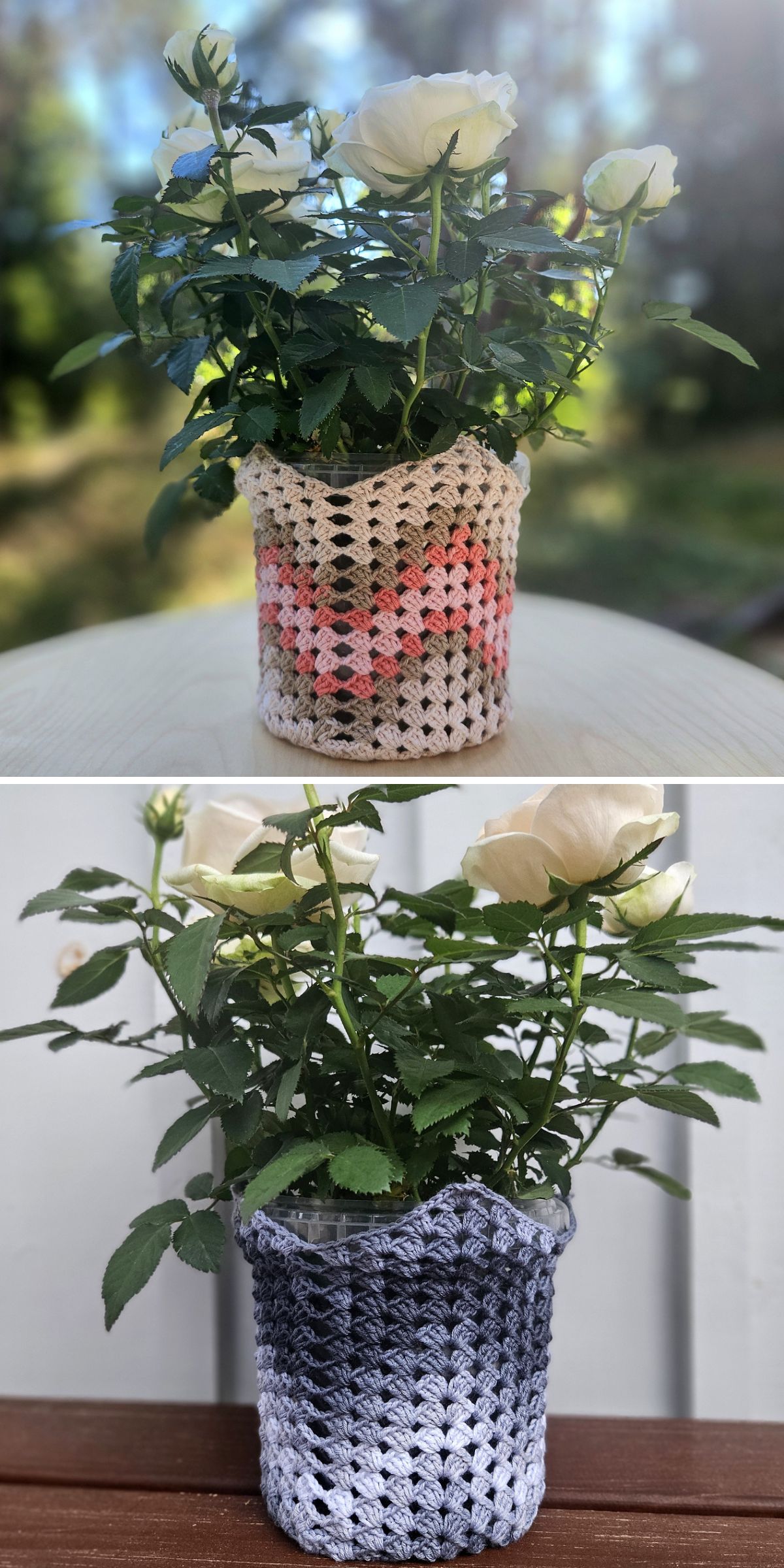 Two potted white rose plants, each in a container adorned with a stylish crochet plant pot cover—one cozy is beige with pink accents, the other features a classic black and white design.