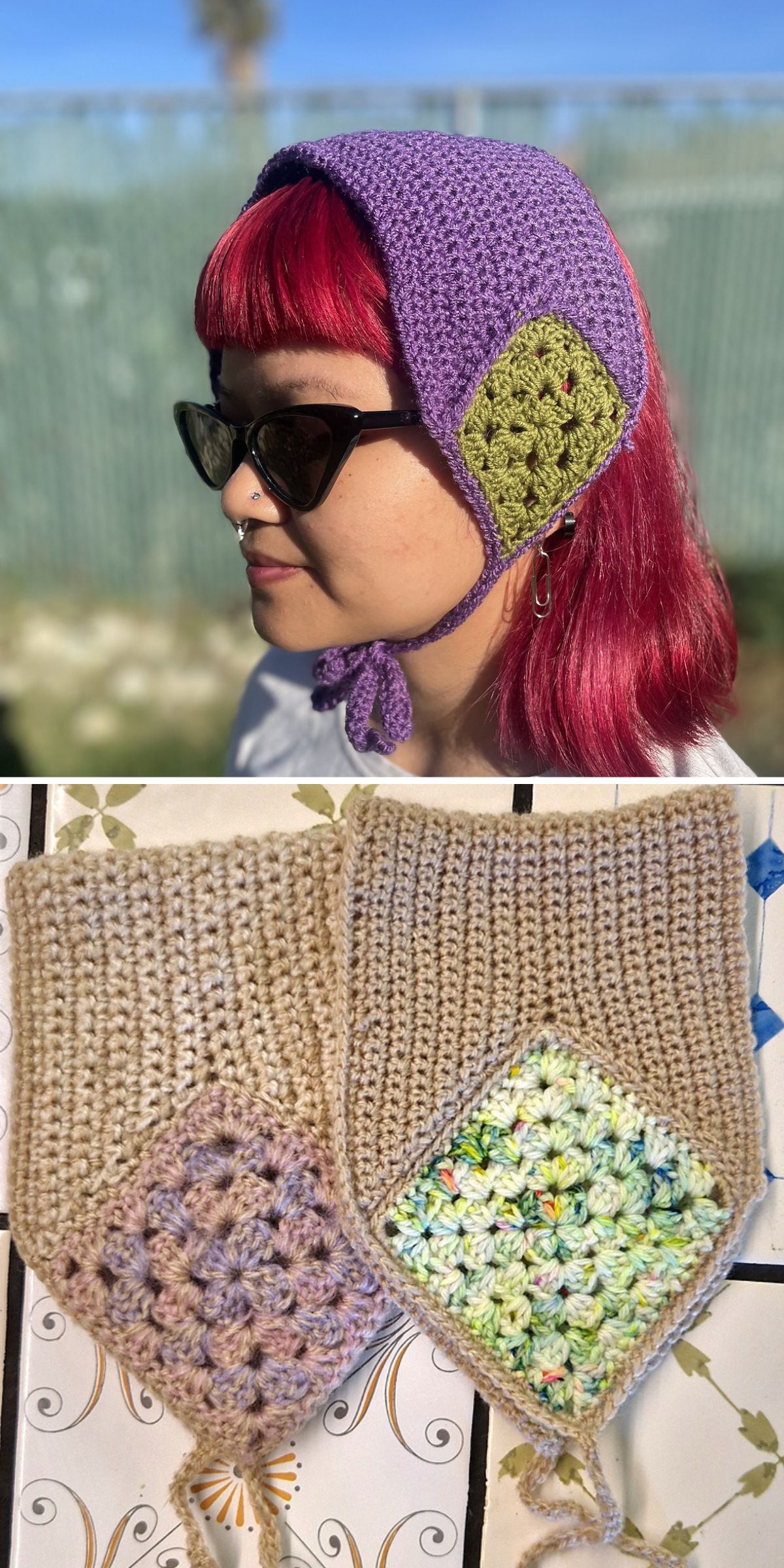 A person wearing a purple and green crocheted bonnet stands outside; below are two handmade pieces, including a crochet headband and a bonnet with granny square details, laid flat on a patterned surface.