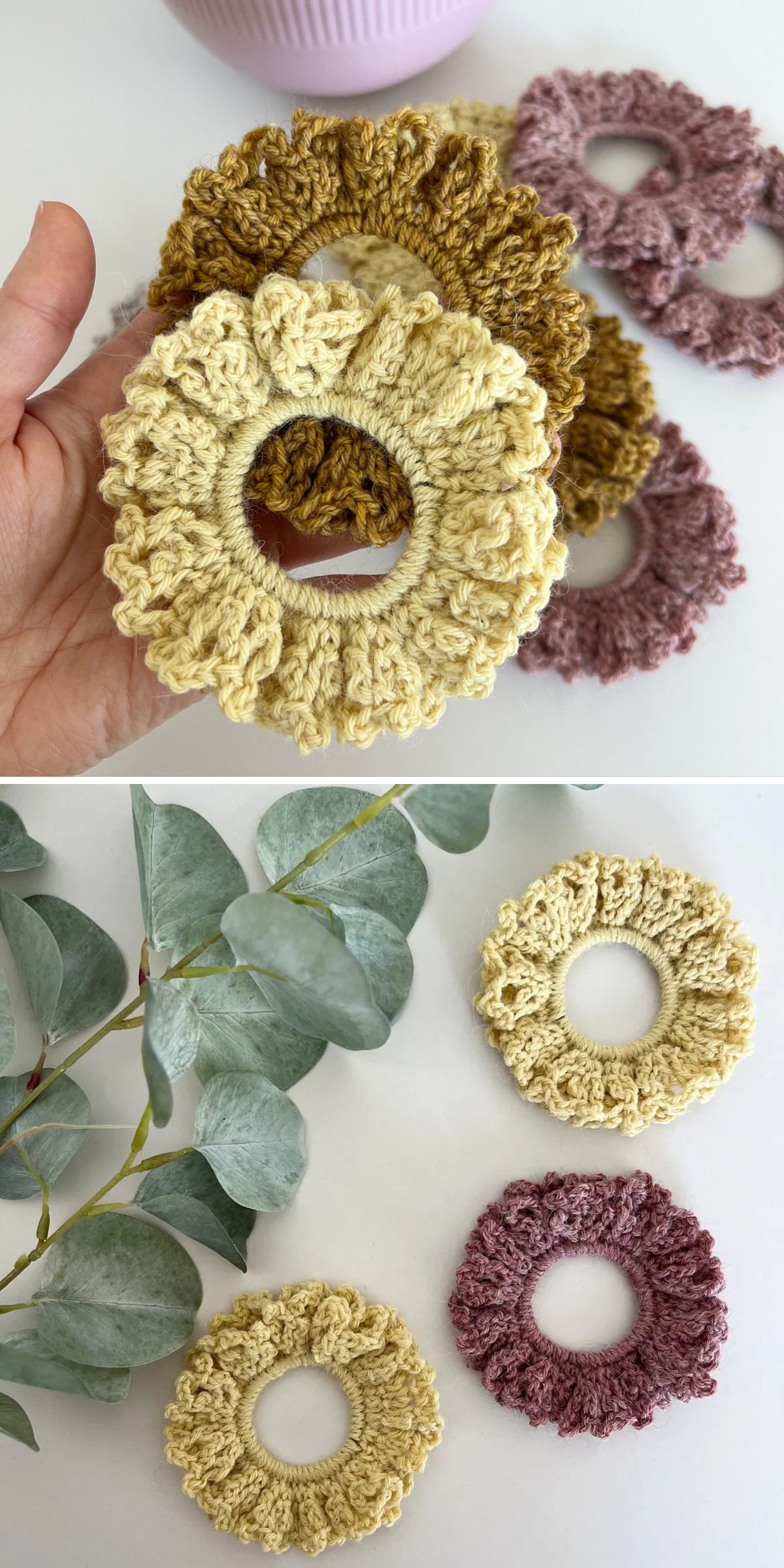 Two photos show handmade crochet scrunchie hair ties in beige, yellow, and mauve colors, displayed on a hand and laid out beside eucalyptus leaves.
