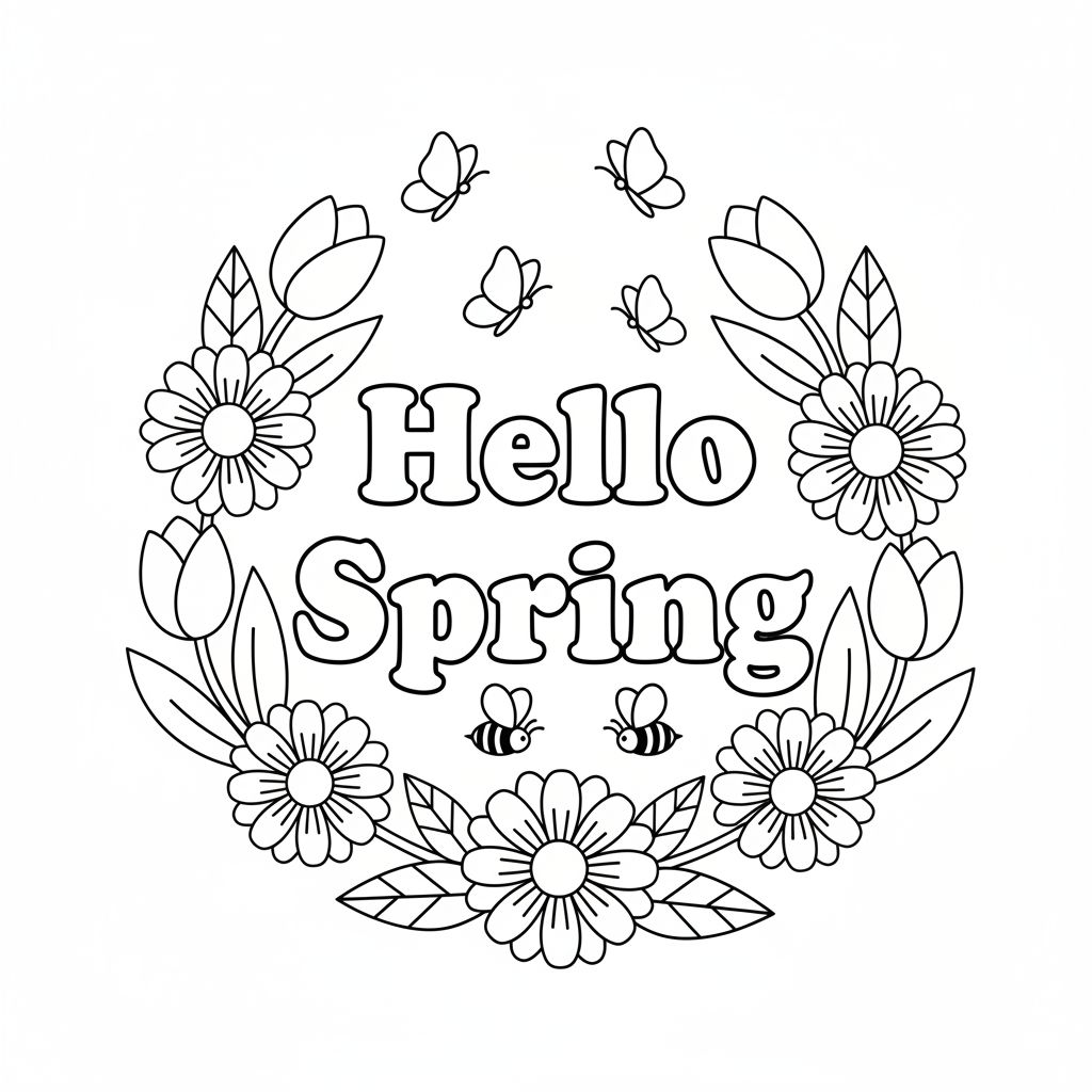 Black-and-white illustration with "Hello Spring" text, surrounded by flowers, leaves, butterflies, and bees in a circular pattern — perfect as a free PDF Spring coloring page printable for kids.