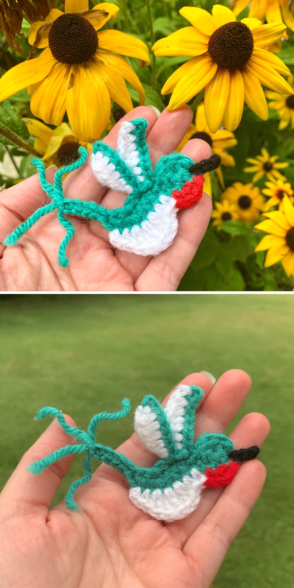A hand holds a small crochet bird, resembling a hummingbird with green, white, and red yarn; yellow flowers decorate the background in the first image, while green grass sets the scene in the second.