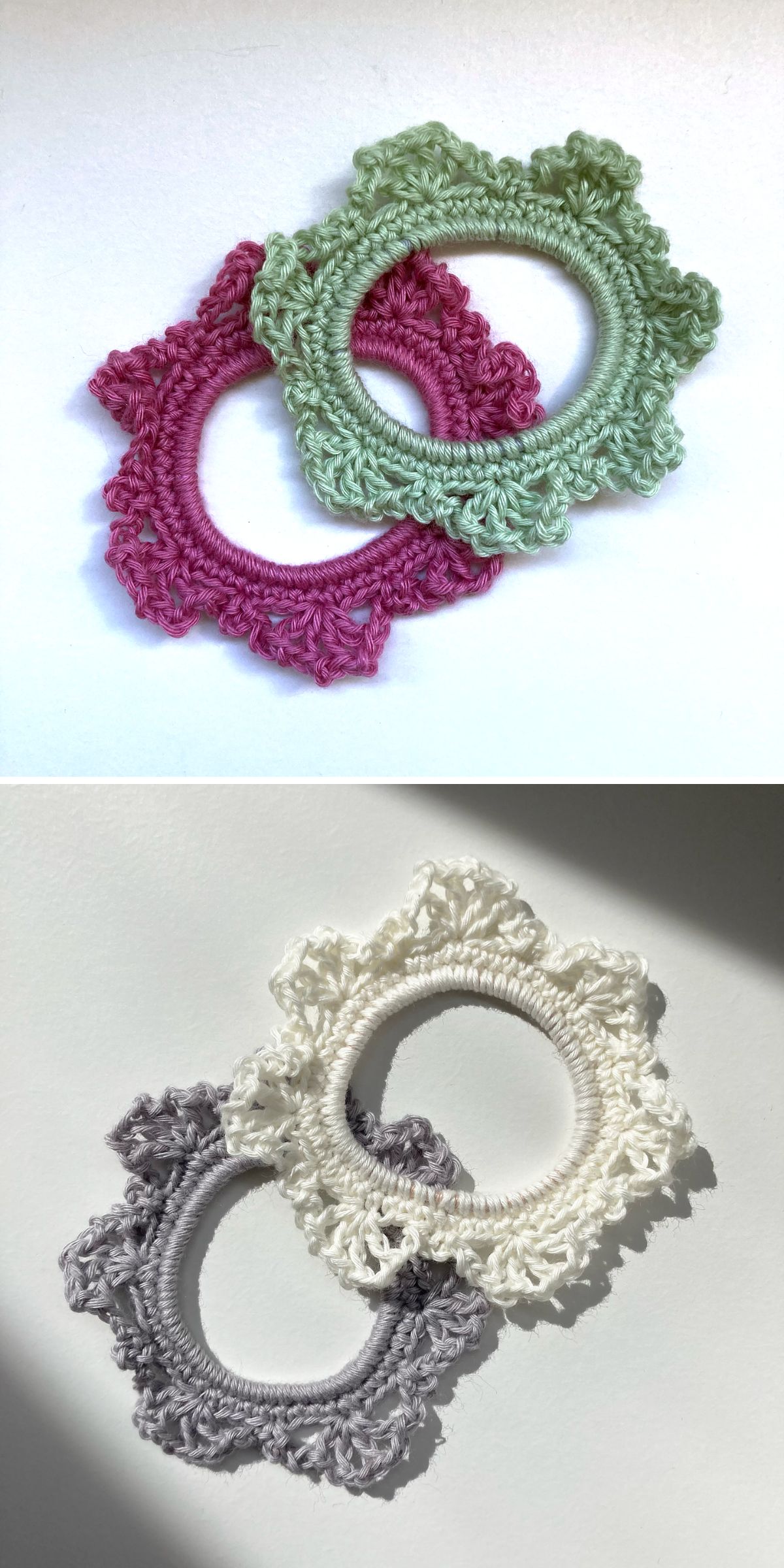 Two pairs of crochet scrunchies are shown: one set in pink and green, the other in white and gray, each with scalloped edges, displayed on a white background.