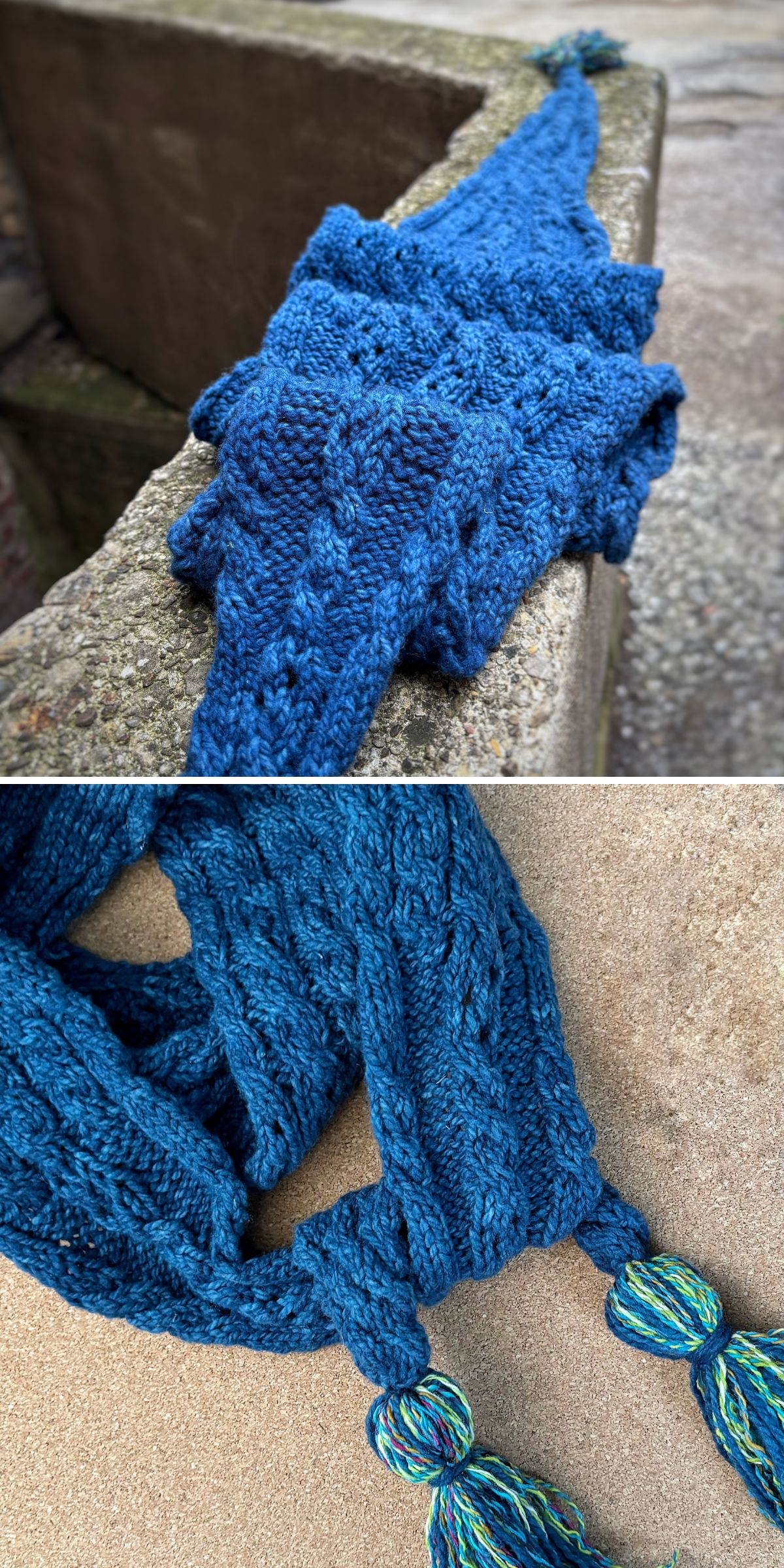 Two photos of a hand-knitted blue scarf with a textured cable pattern, inspired by classic knitting scarf patterns, and multicolored tassels, draped over outdoor stone surfaces.