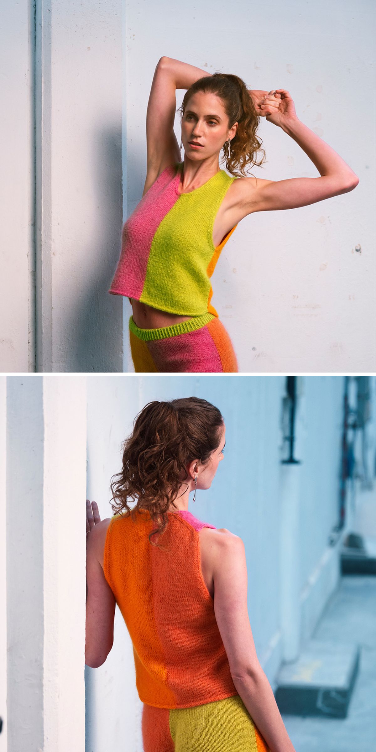 A woman poses indoors wearing a knit halter top and matching skirt in bright yellow, pink, and orange color blocks.