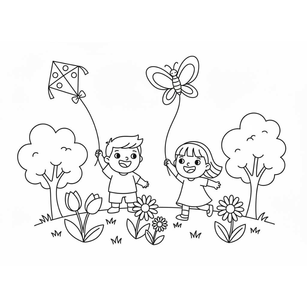 Two children are outdoors enjoying spring; one is flying a kite while the other holds a butterfly-shaped balloon, surrounded by trees and flowers. Perfect for kids, this scene is featured in our spring coloring pages — download the free PDF printable!.