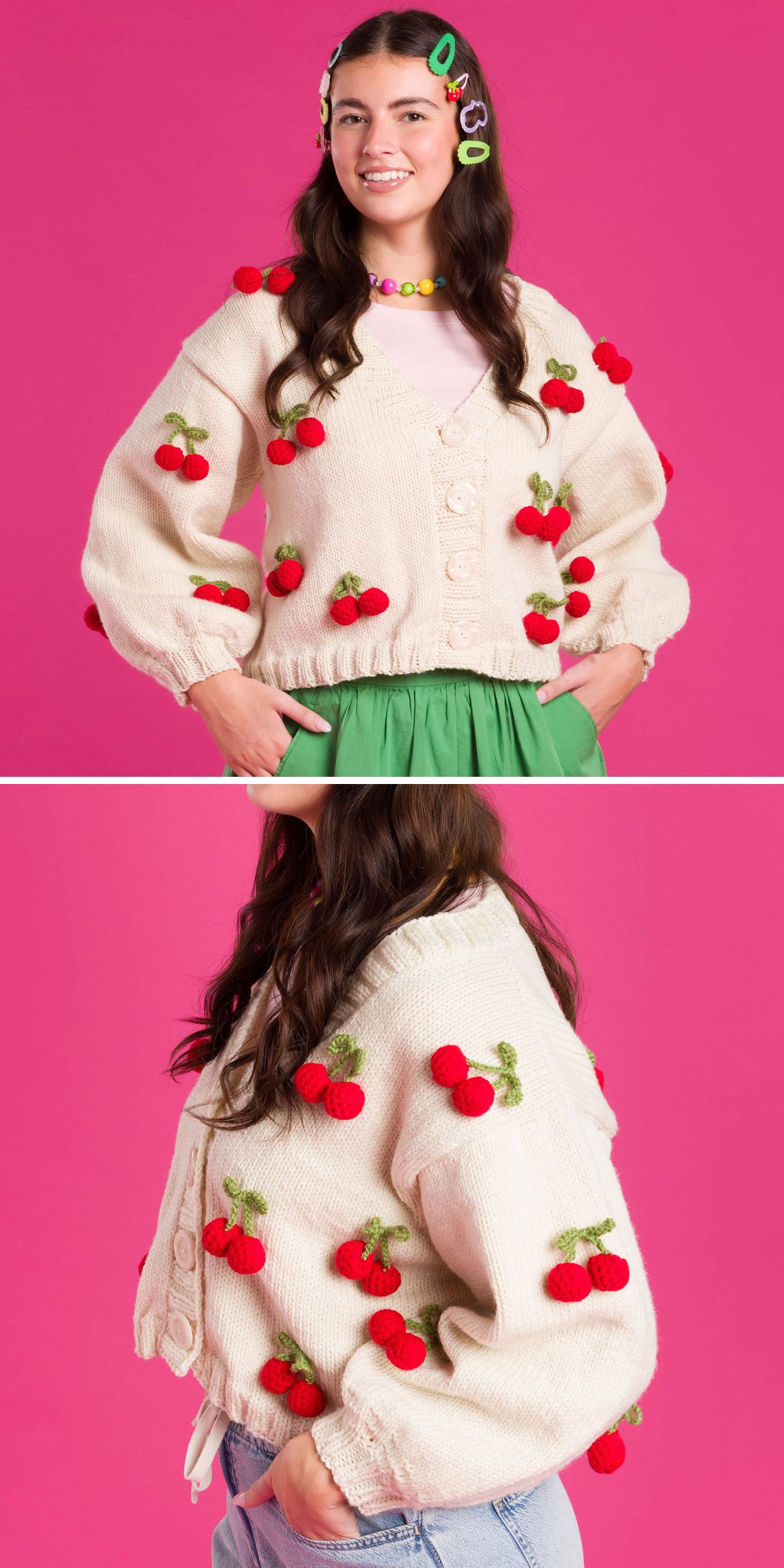 A woman wears a cream cardigan decorated with red cherry-shaped appliqués, paired with a green skirt. The pink background adds charm. Inspired by Free Knitting Patterns for Cardigans, the second image shows a side view of the cardigan.