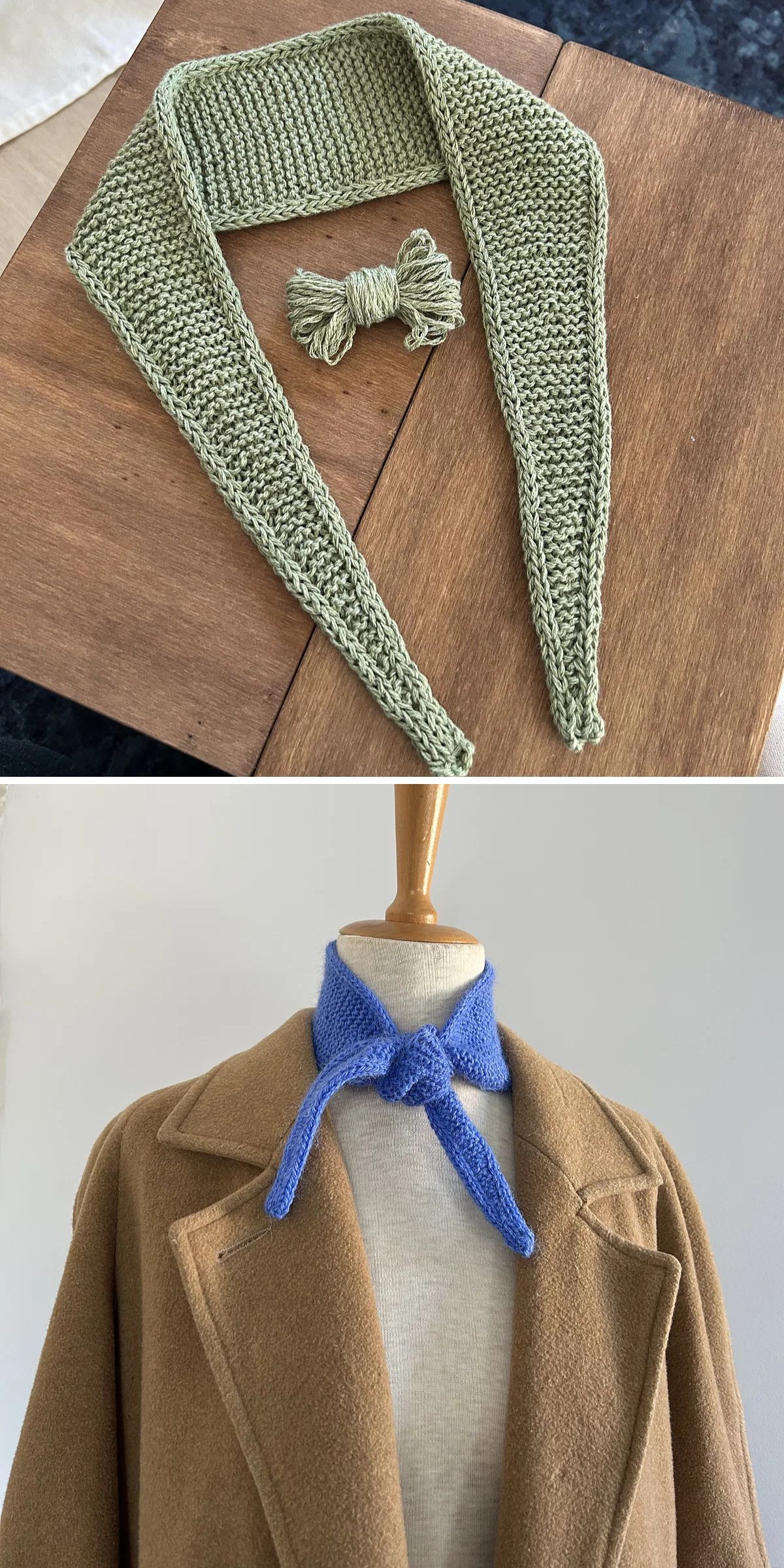 Two photos: the first displays a knitted neck scarf and matching yarn bundle on a table; the second features a similar scarf, highlighting knitting scarf patterns, tied around a mannequin’s neck over a brown coat.