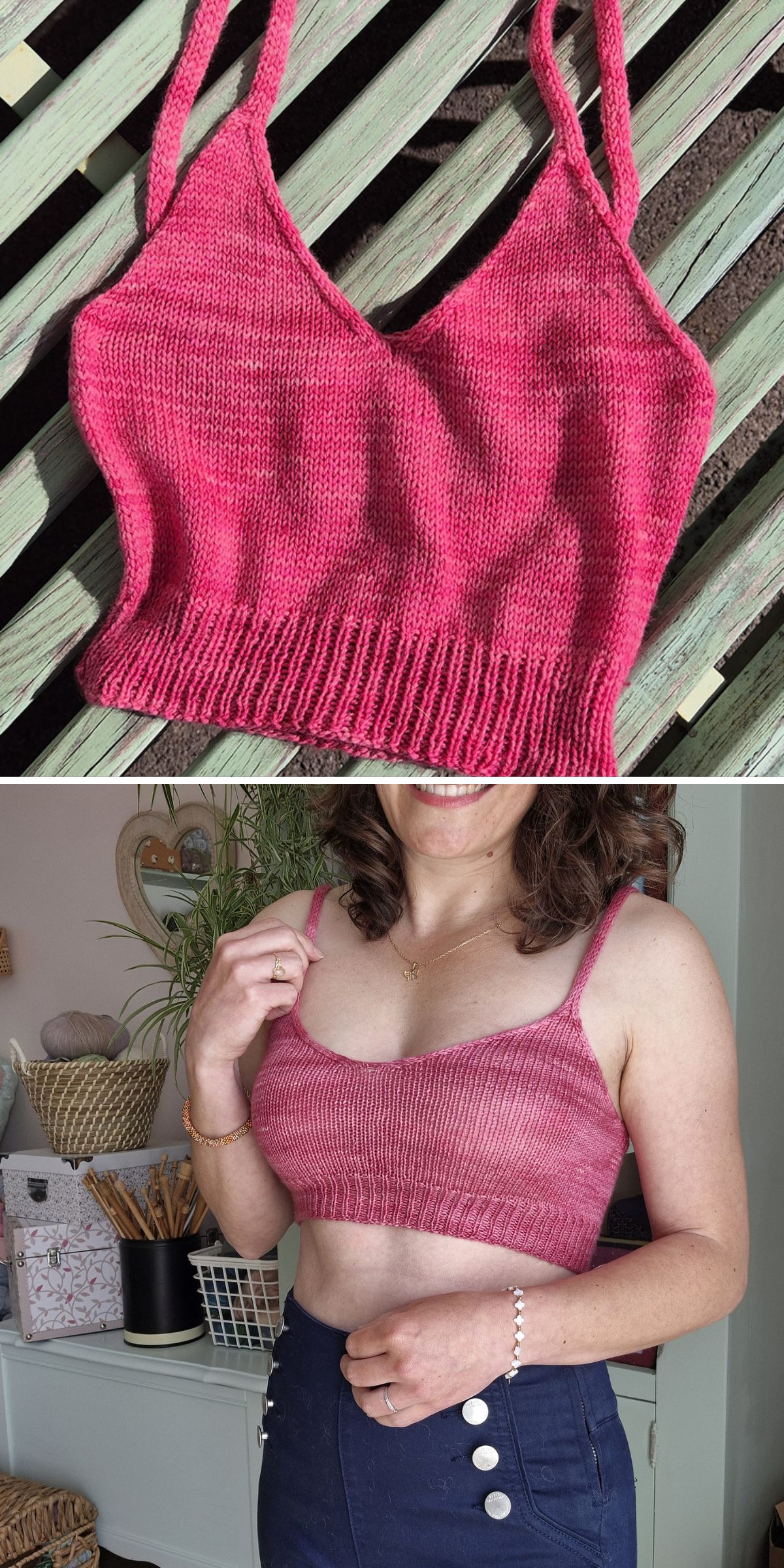 A knit halter top in pink with thin straps is shown laid flat and worn by a woman, paired stylishly with high-waisted blue pants.