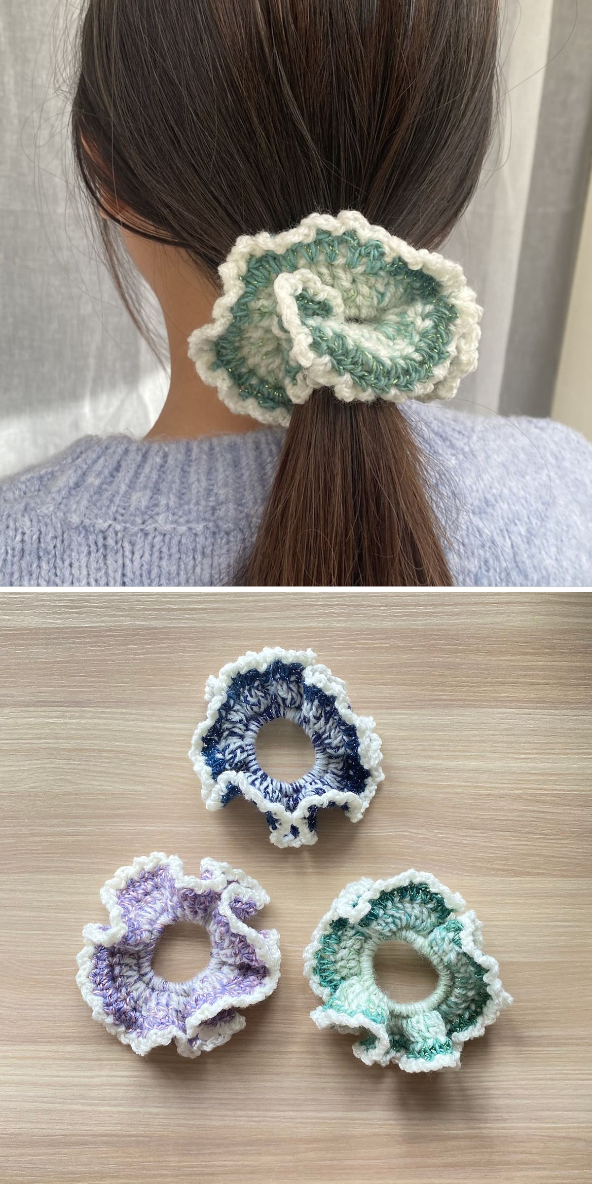 A person with long brown hair wears a crochet scrunchie; below, three colorful crochet scrunchies in blue, green, and purple tones are displayed on a wooden surface.