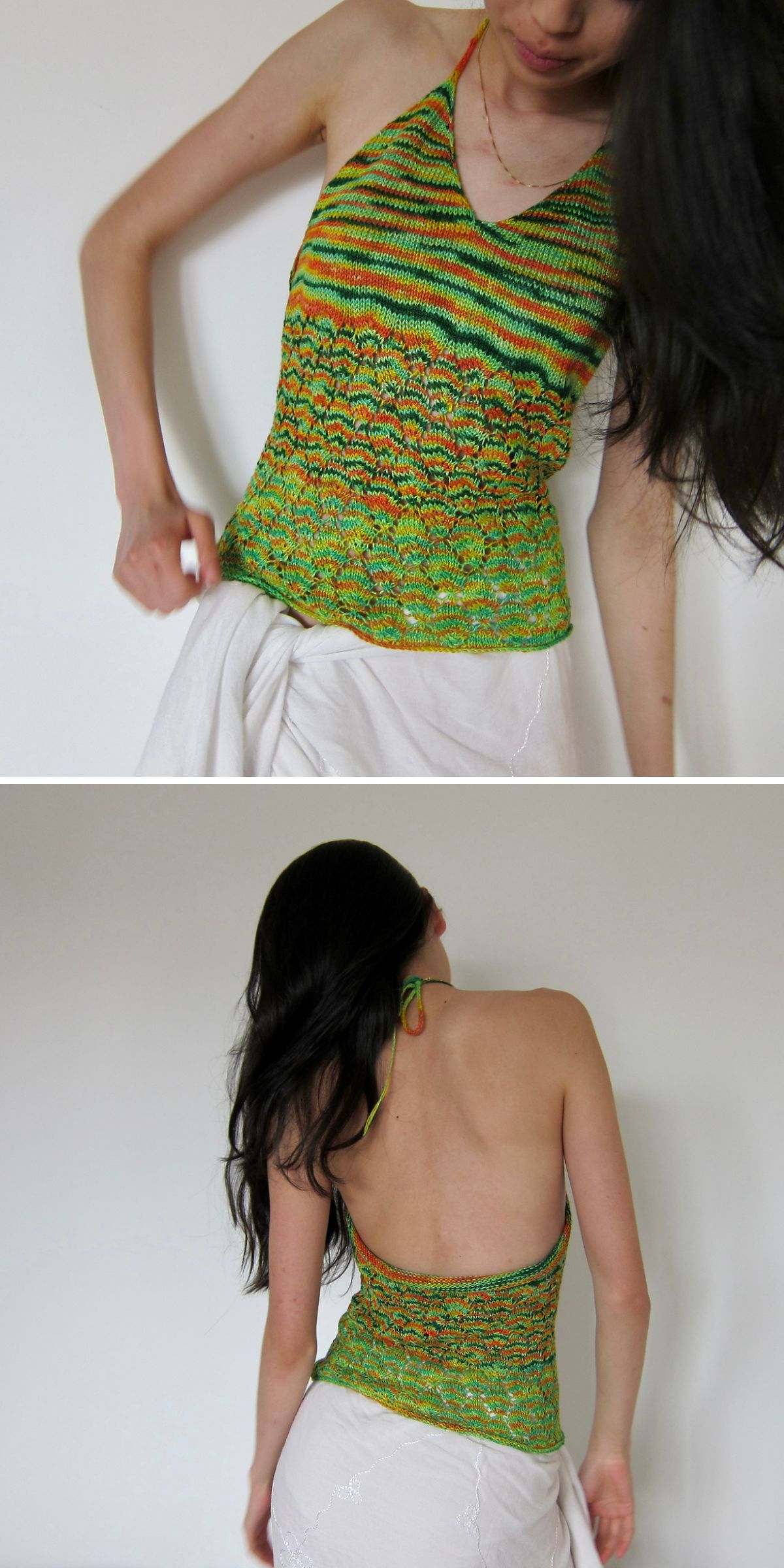 A woman wearing a stylish knit halter top in green and yellow with a light-colored skirt is shown from the front and back against a plain background.