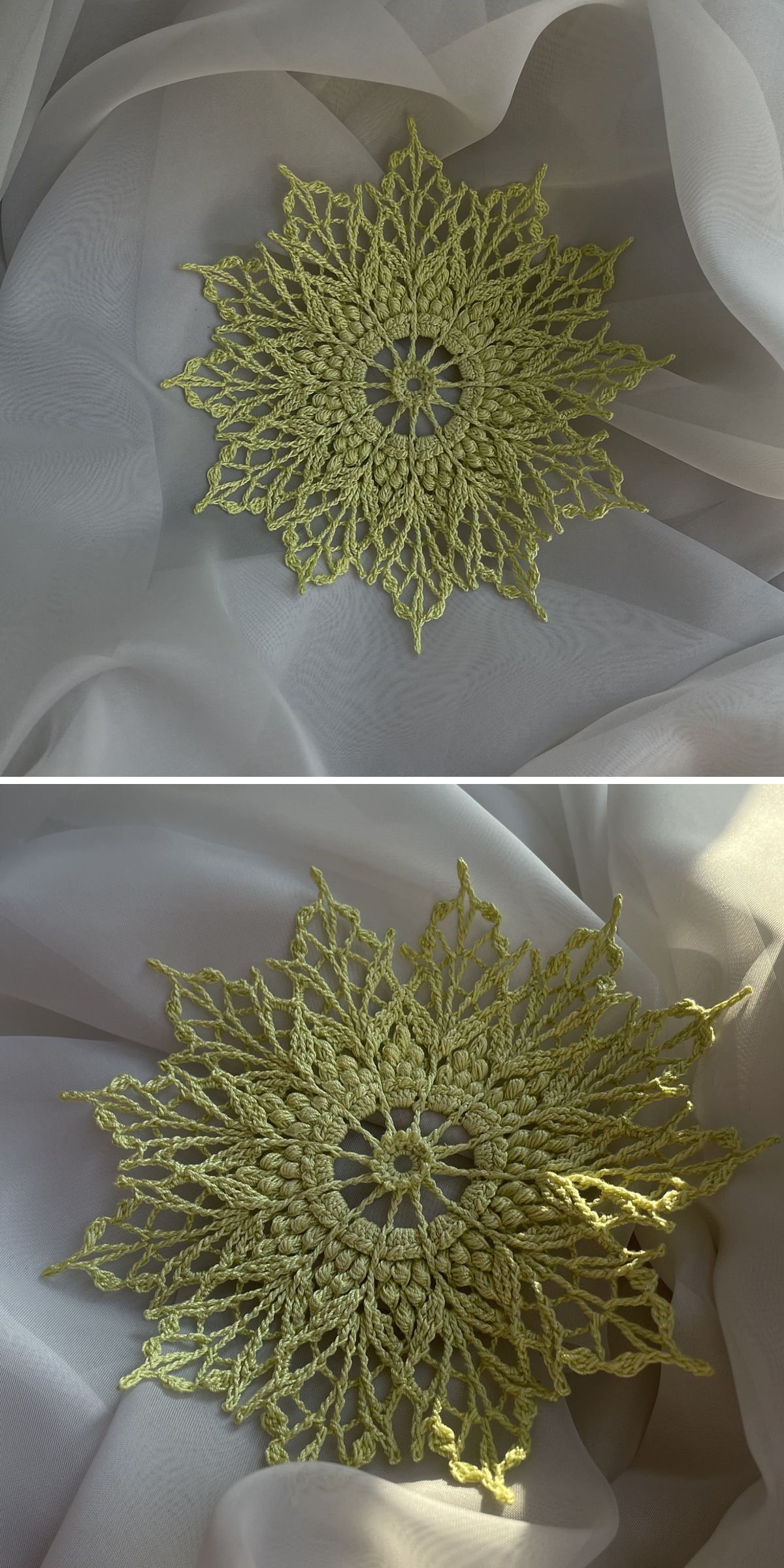 Two photos of a circular, light green crochet doily with a leaf-like pattern, displayed on a soft, white, translucent fabric background.