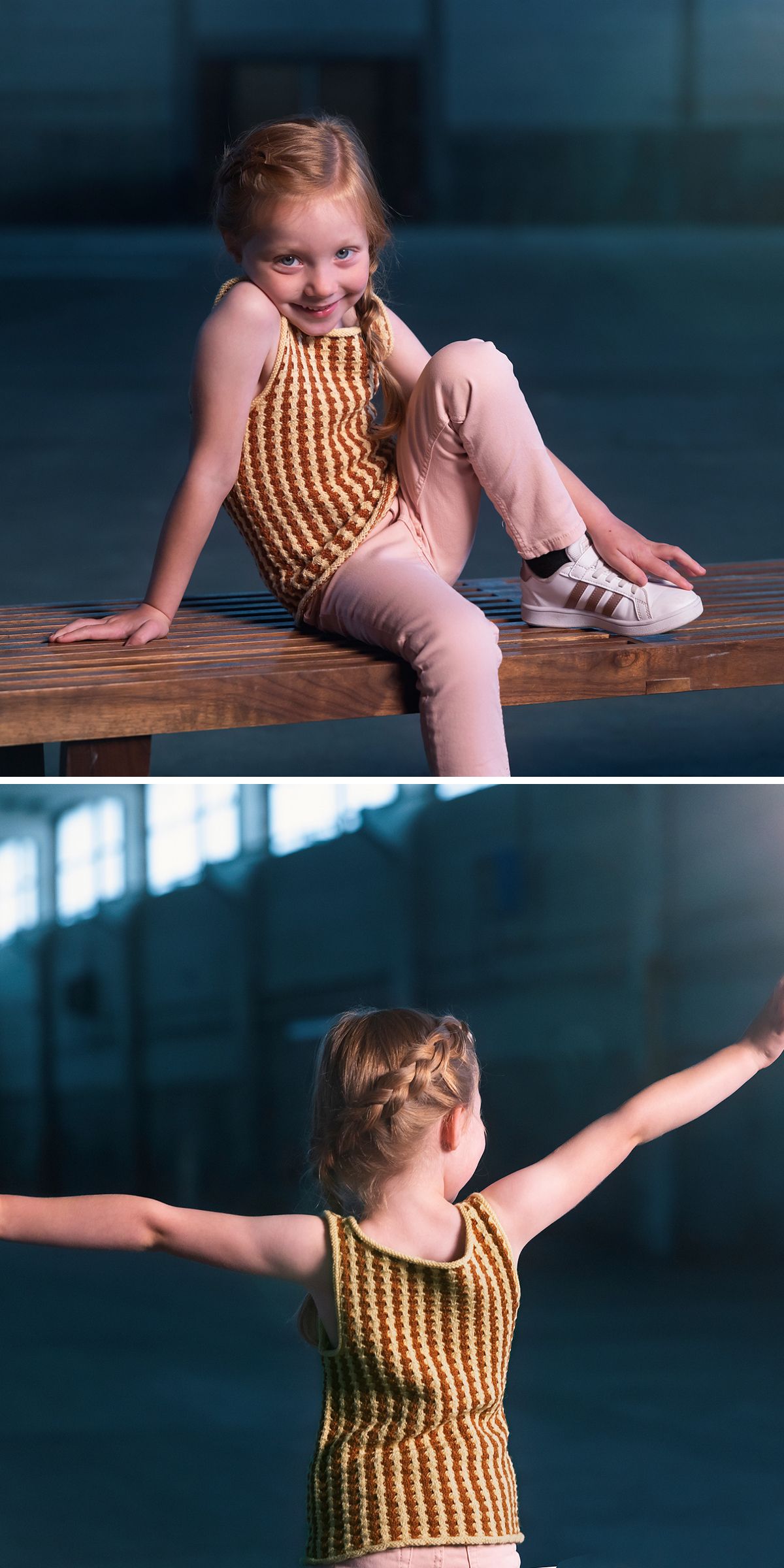 A young girl with braided hair wears a striped sleeveless top and light pants, posing on a bench in a spacious indoor setting. Her outfit highlights the charm of knitted kids clothes as she faces both forward and away from the camera.