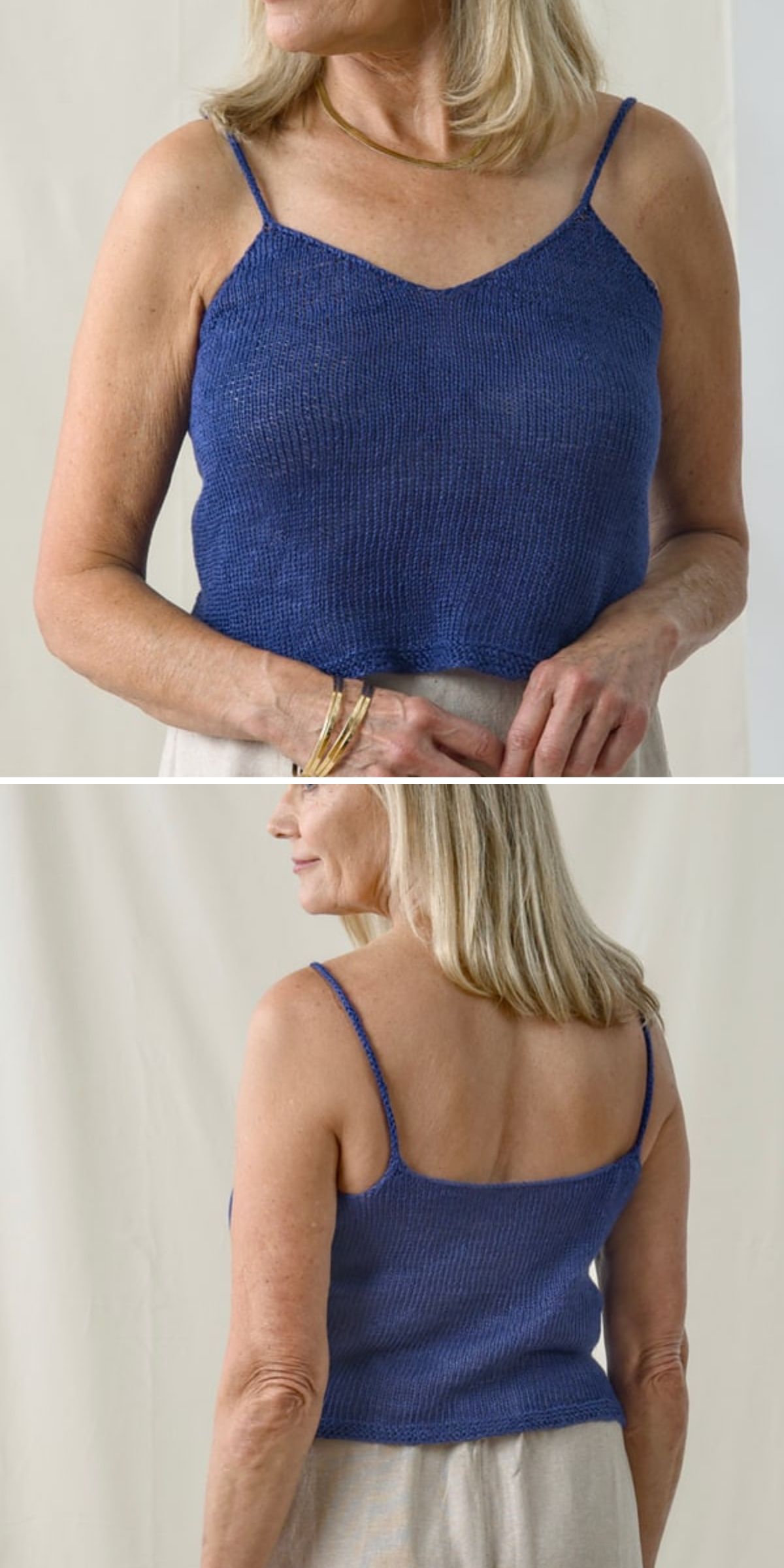 A woman wears a sleeveless, blue knit top camisole with thin straps, shown from the front and back against a neutral background.