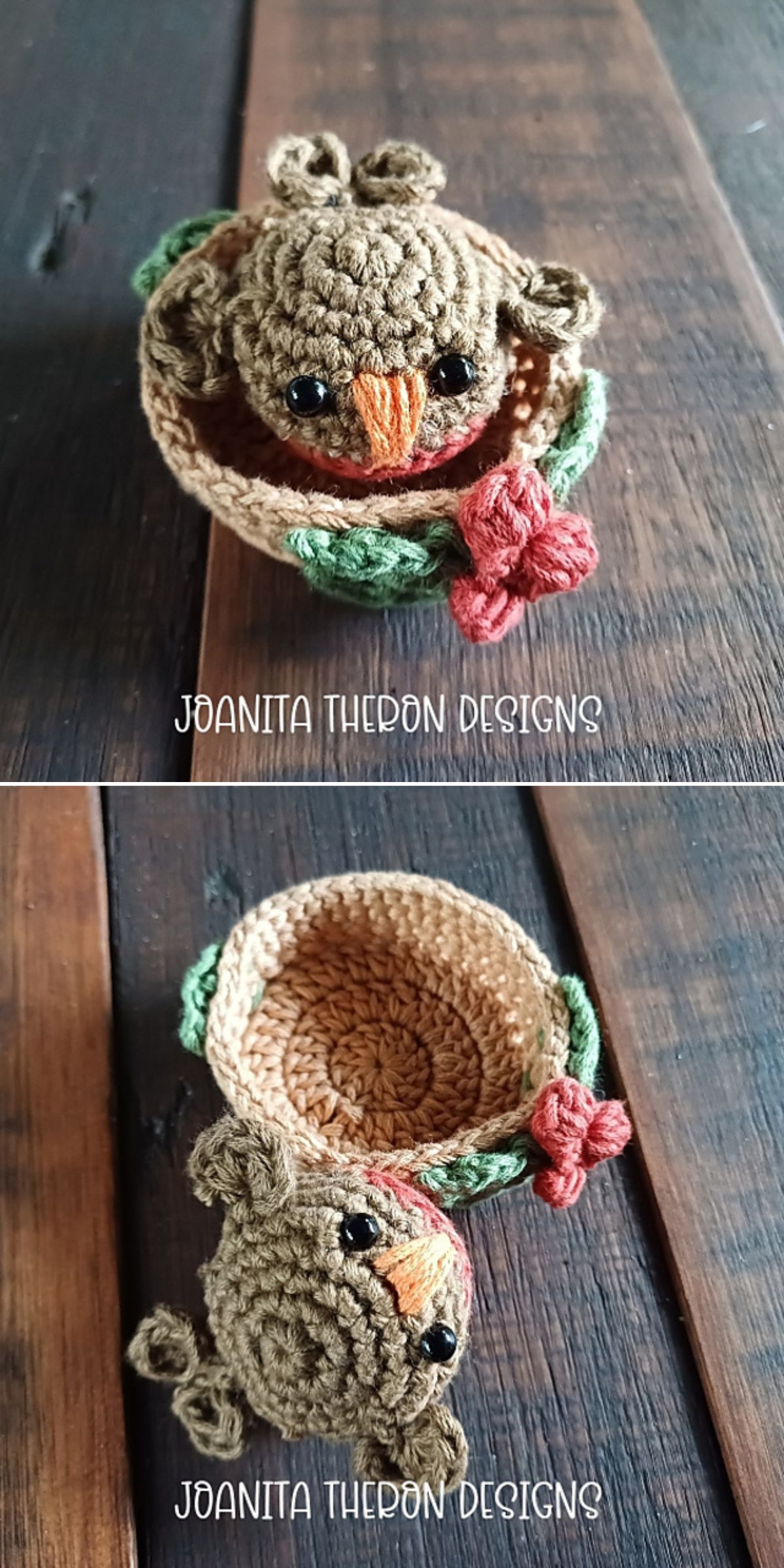 Two images show a crochet bird sitting in a small crocheted nest with a red flower and leaf detail, displayed on a wooden surface.