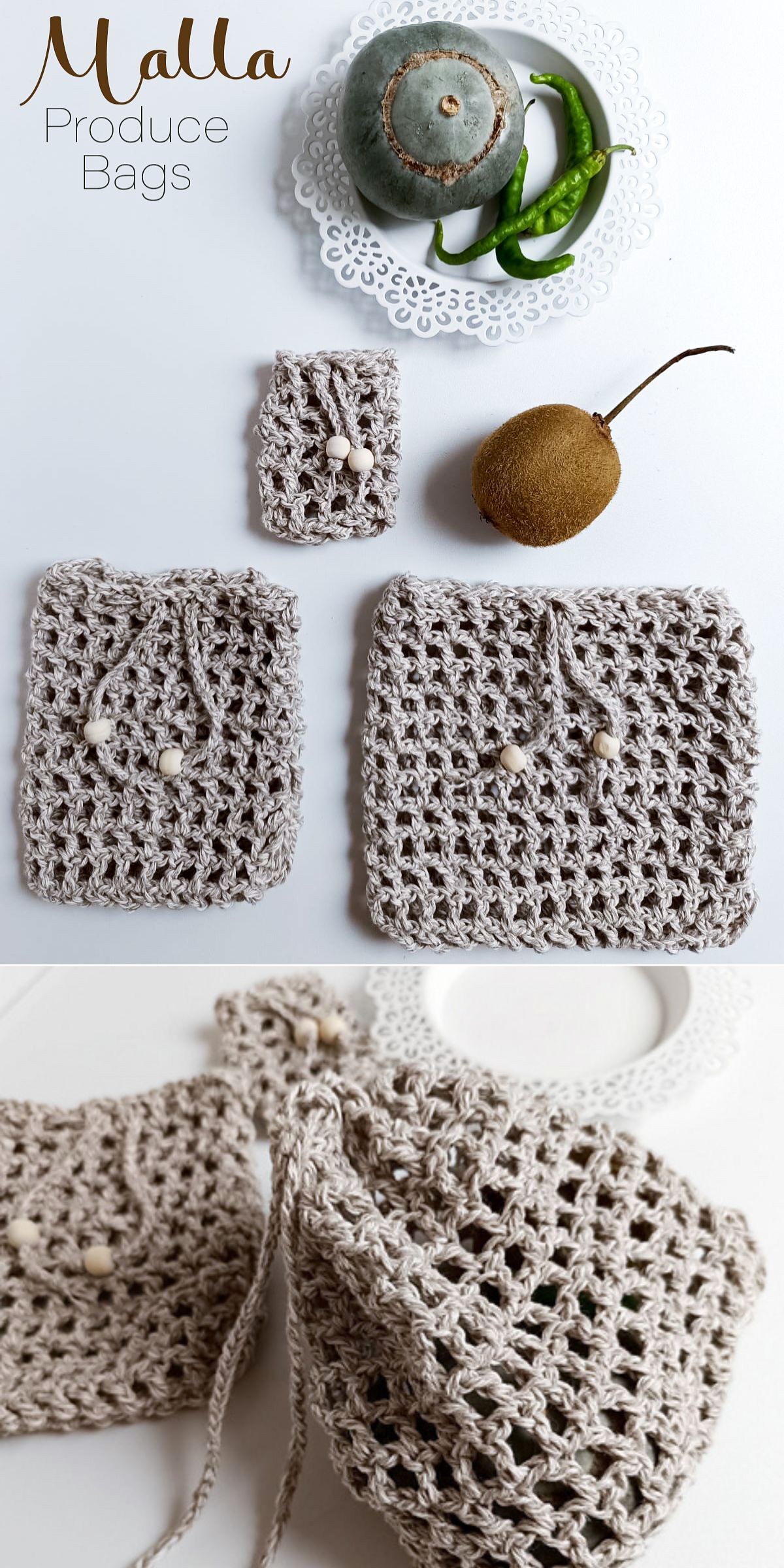 Three beige crochet produce bags with drawstrings and beads are displayed alongside a gourd, chili peppers, and a kiwi on white plates.