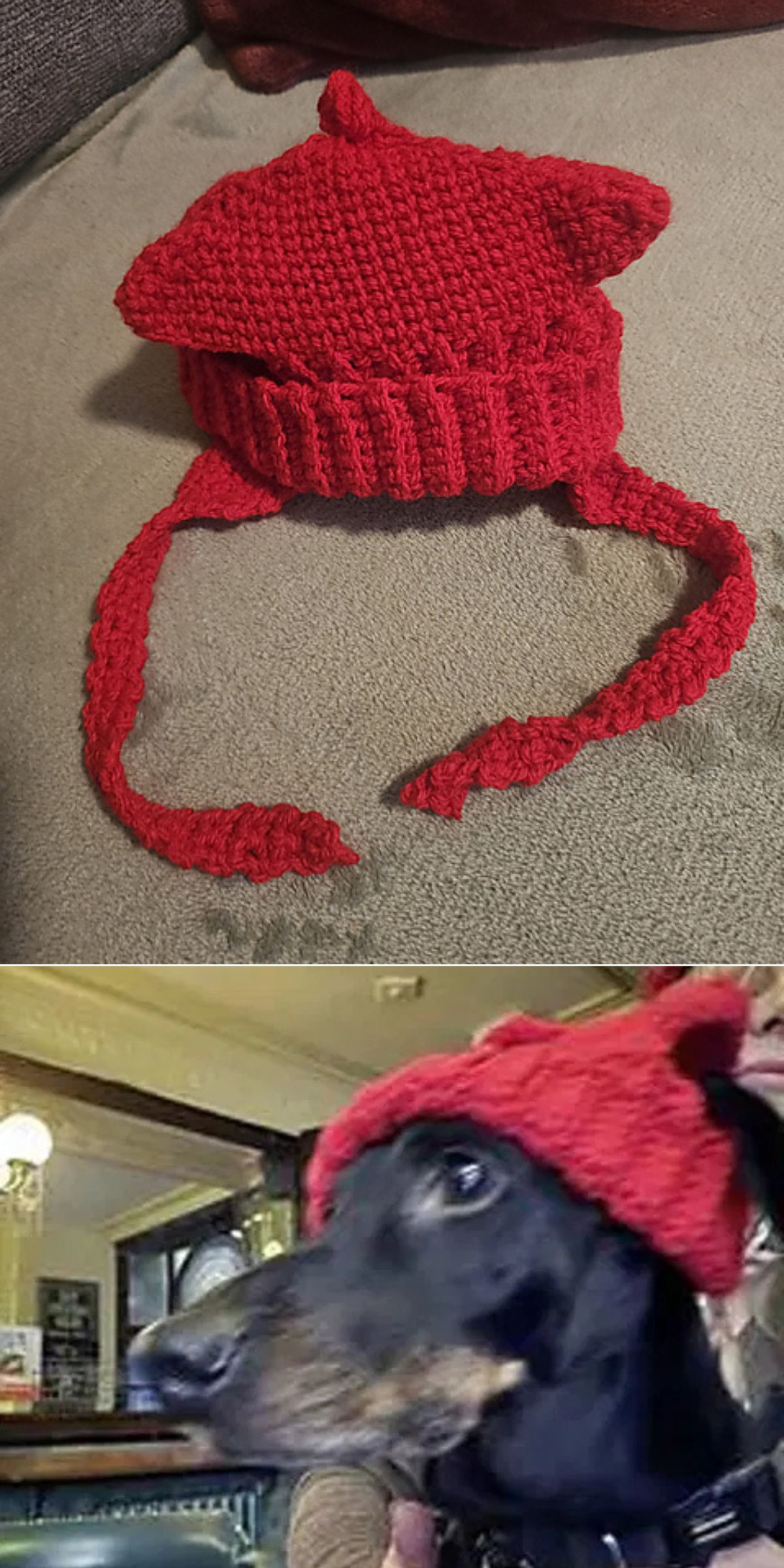 A red crochet dog hat with ear flaps, a charming example of crochet dog accessories, is shown on a surface in the first image, and in the second image, a black dog is wearing the same hat.