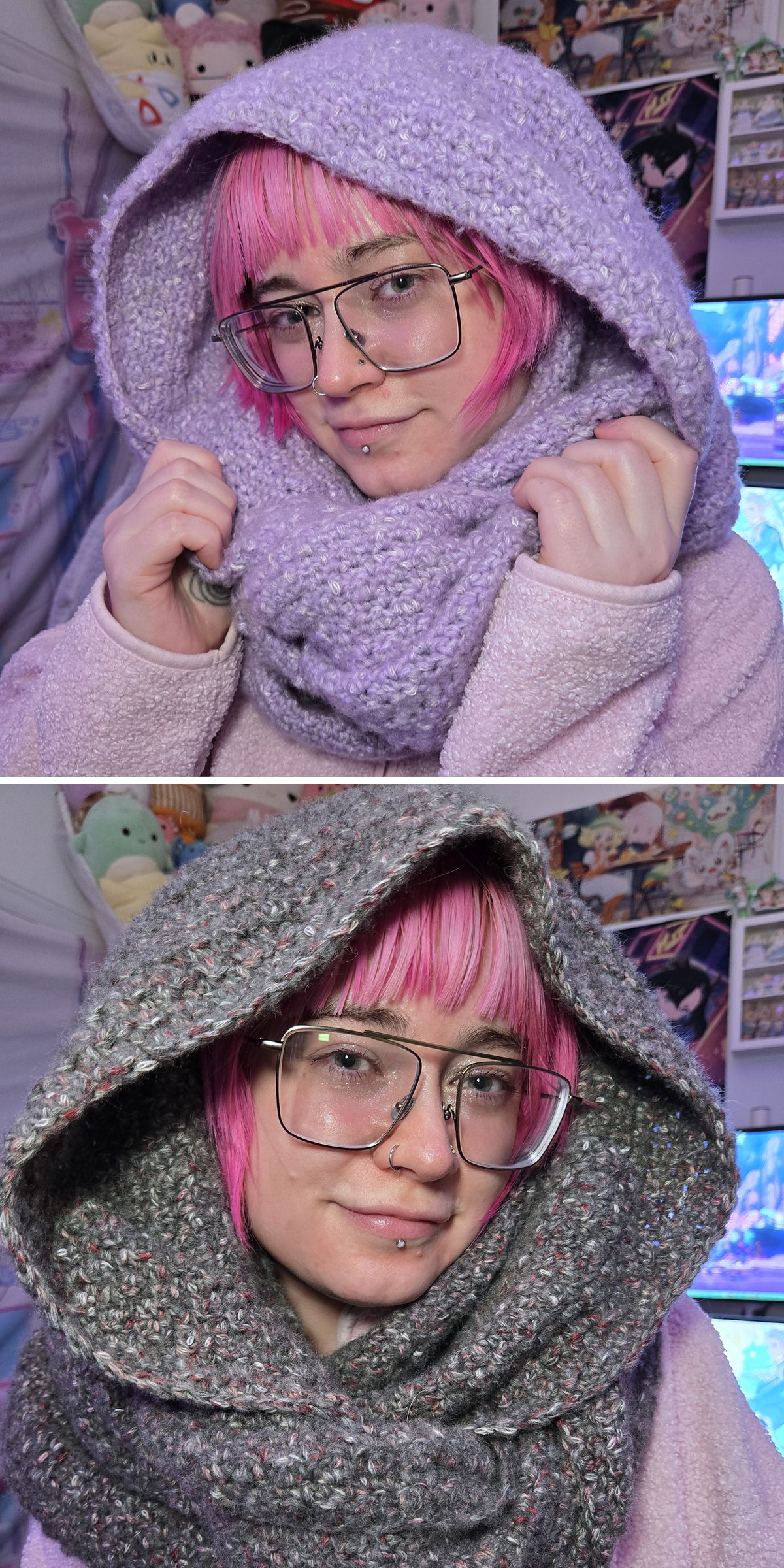 Two photos of a person with pink hair, glasses, and facial piercings, wearing a bulky crochet hooded scarf — one lavender, one gray — posing indoors with plush toys and posters in the background.