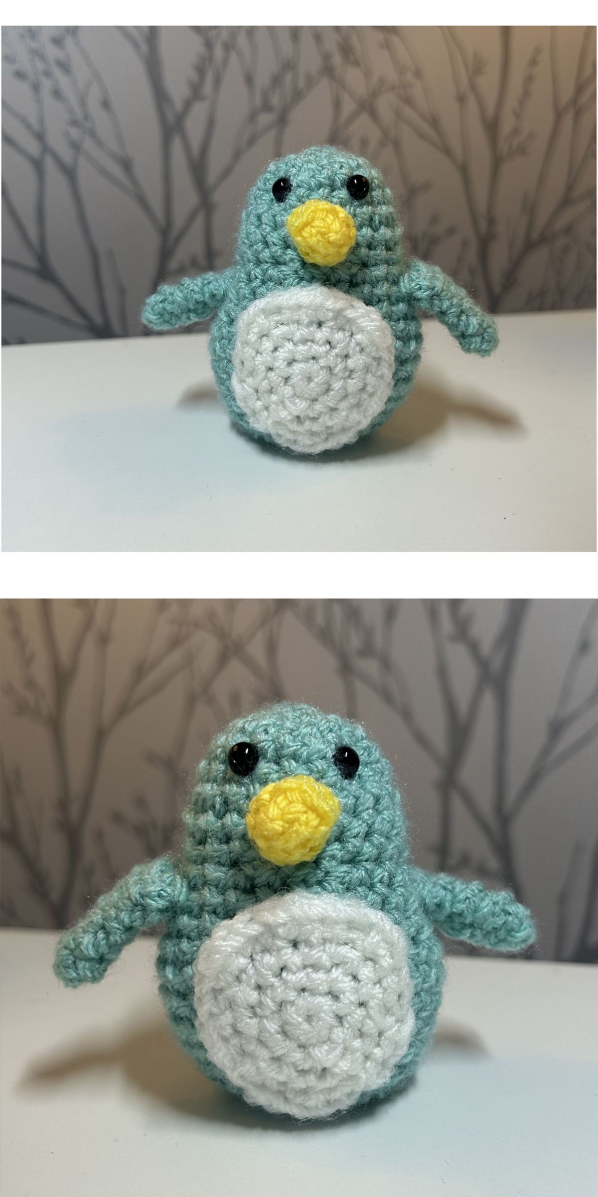 Two photos of a charming Crochet Penguin with a yellow beak, black eyes, and a white belly, placed on a white surface in front of a wallpapered background featuring an elegant branch pattern.