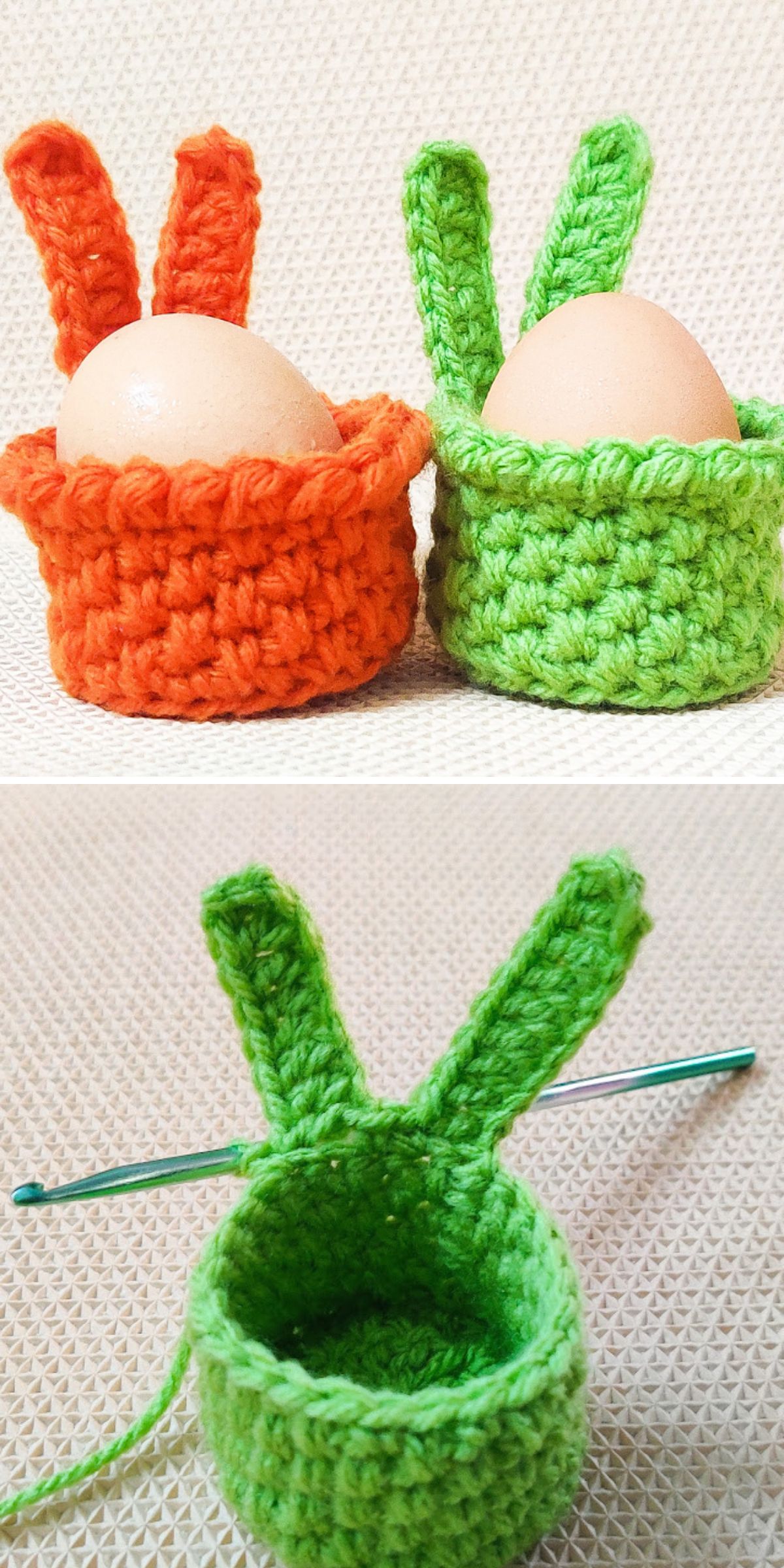 Two photos show brown eggs in crocheted baskets with bunny ear designs—one orange, one green. The bottom image features a crochet Easter basket in progress, along with a crochet hook and an unfinished green basket.