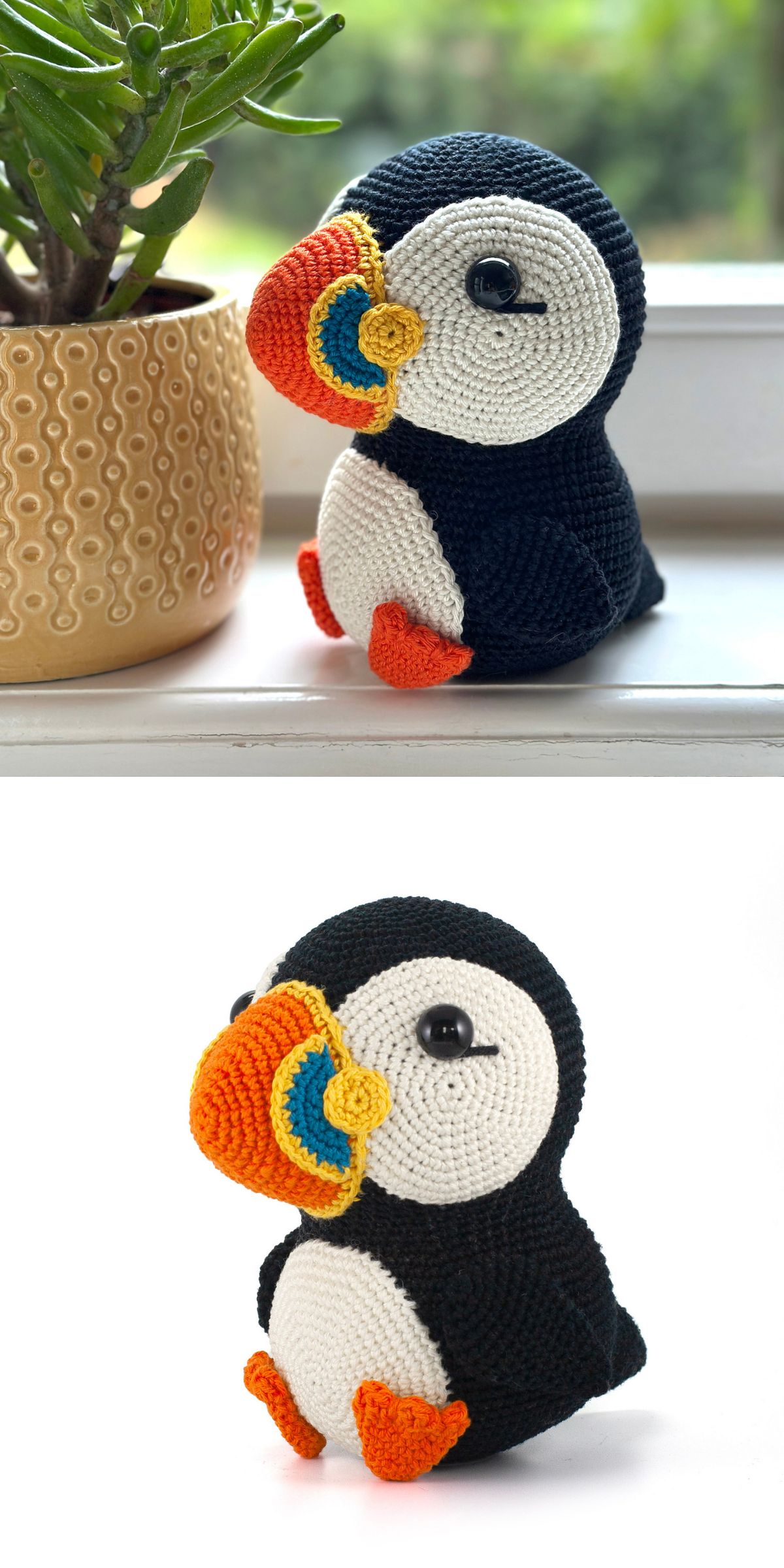 Two images of a crochet bird puffin toy with black, white, orange, yellow, and blue features, sitting upright near a patterned plant pot on a windowsill.