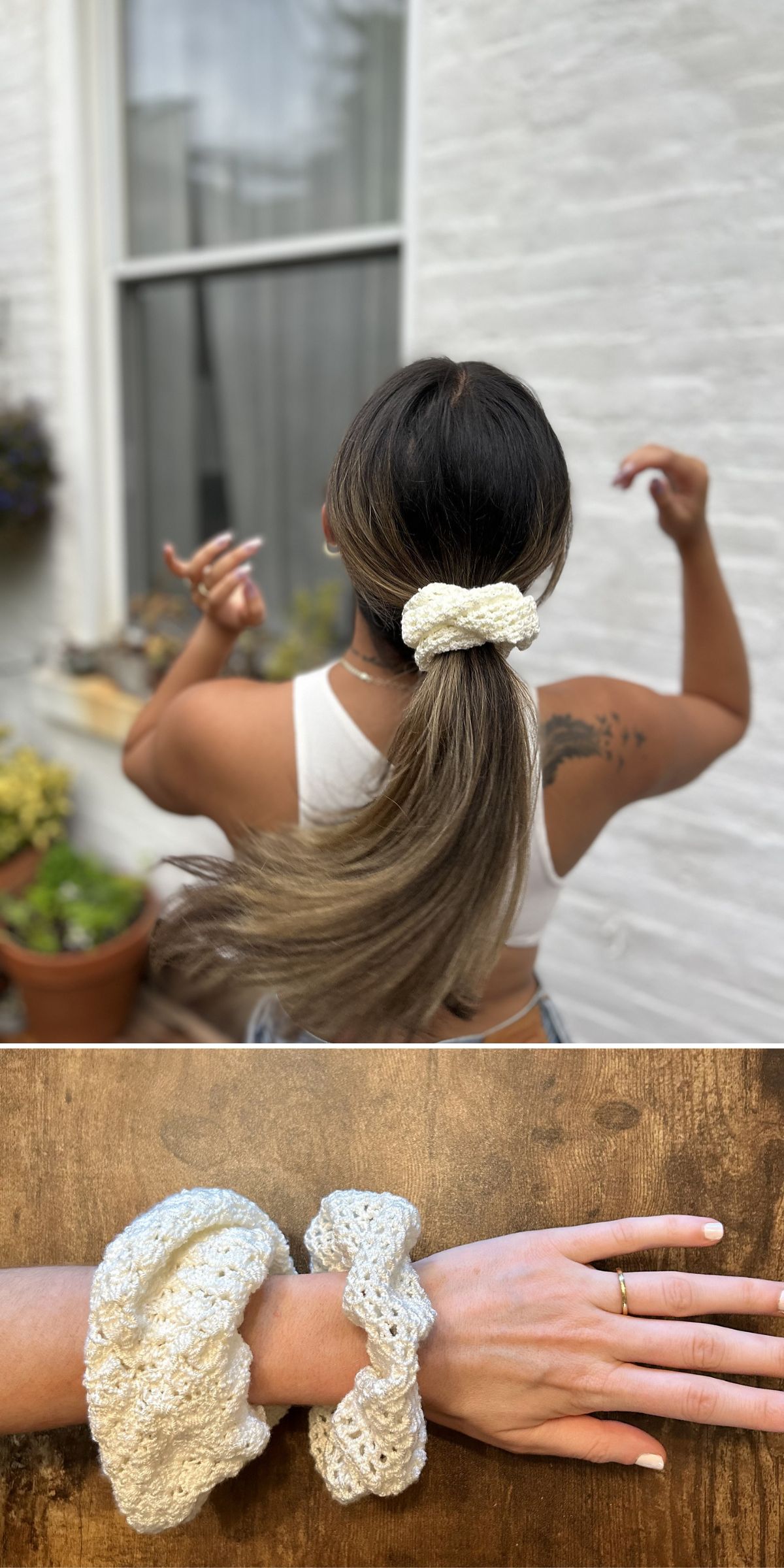 A woman with long hair wears a cream-colored crochet scrunchie; below, a hand displays two crochet scrunchies on the wrist against a wooden surface.