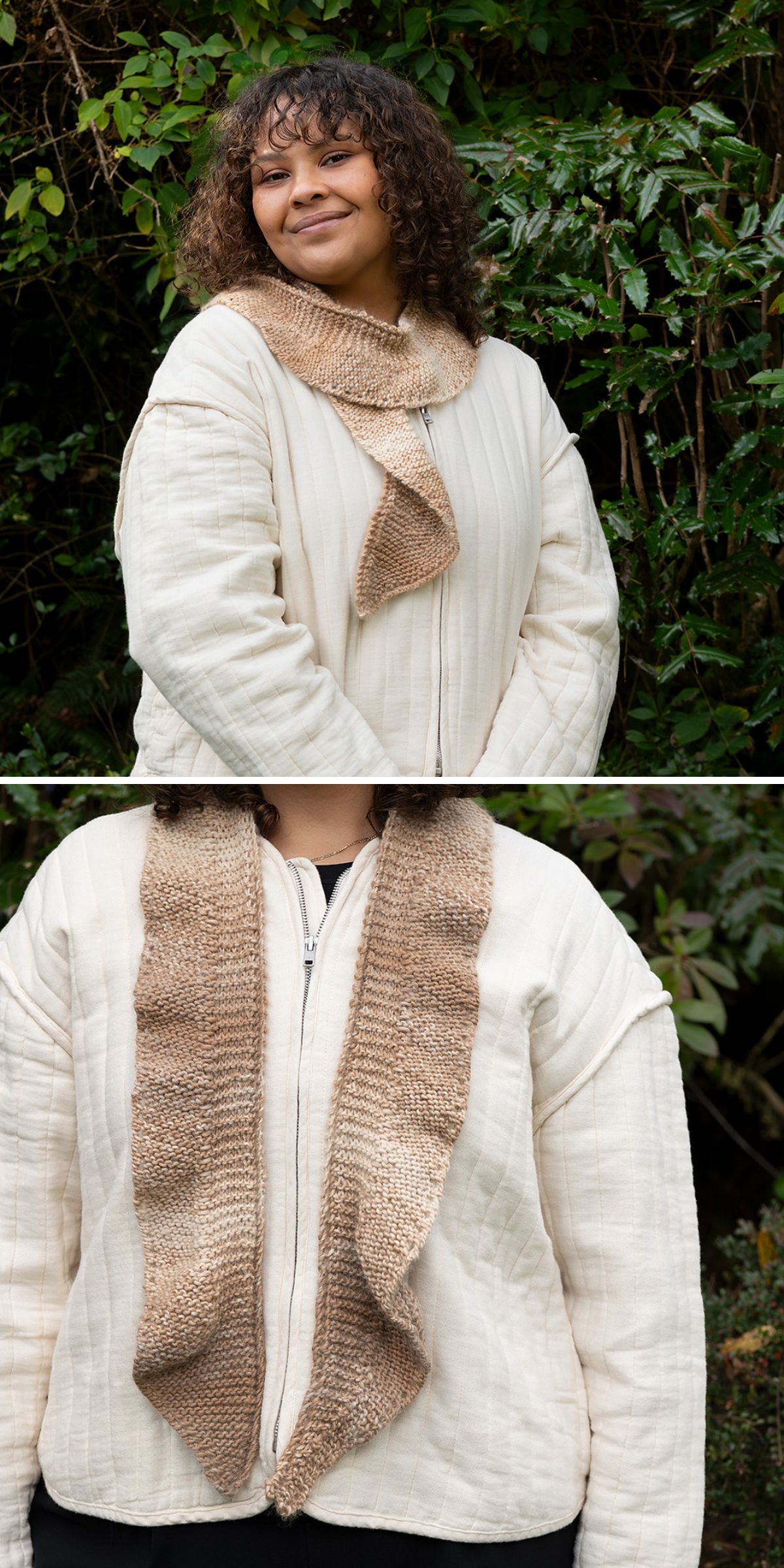 A person wearing a cream quilted jacket and a textured light brown scarf, inspired by knitting scarf patterns, stands in front of green foliage. The first image shows their face; the second is a close-up of the scarf and jacket.