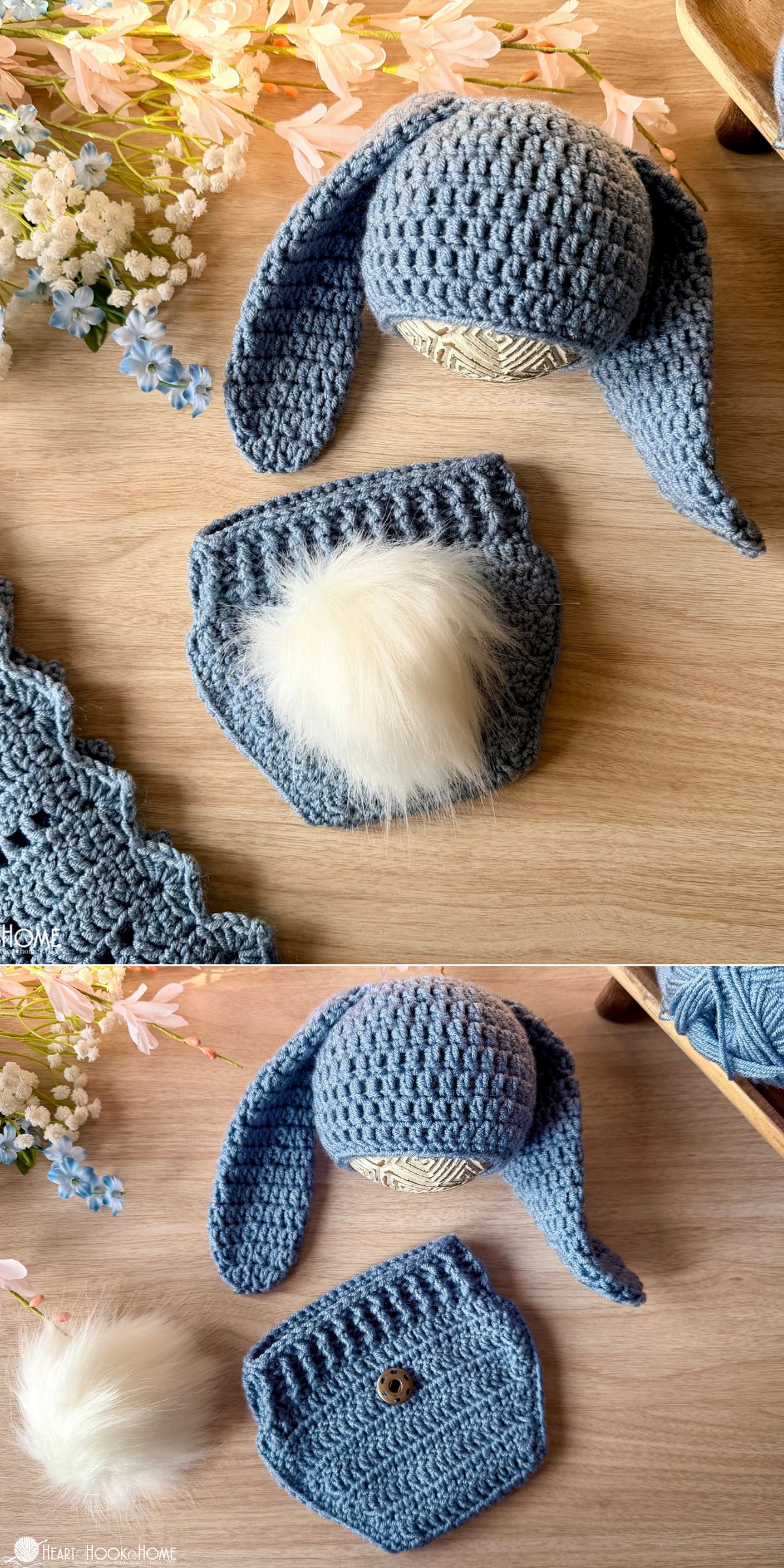 Two photos show a crocheted blue bunny hat with long ears and a matching diaper cover featuring a white faux fur tail, perfect as playful crochet Easter decorations on a wooden surface.