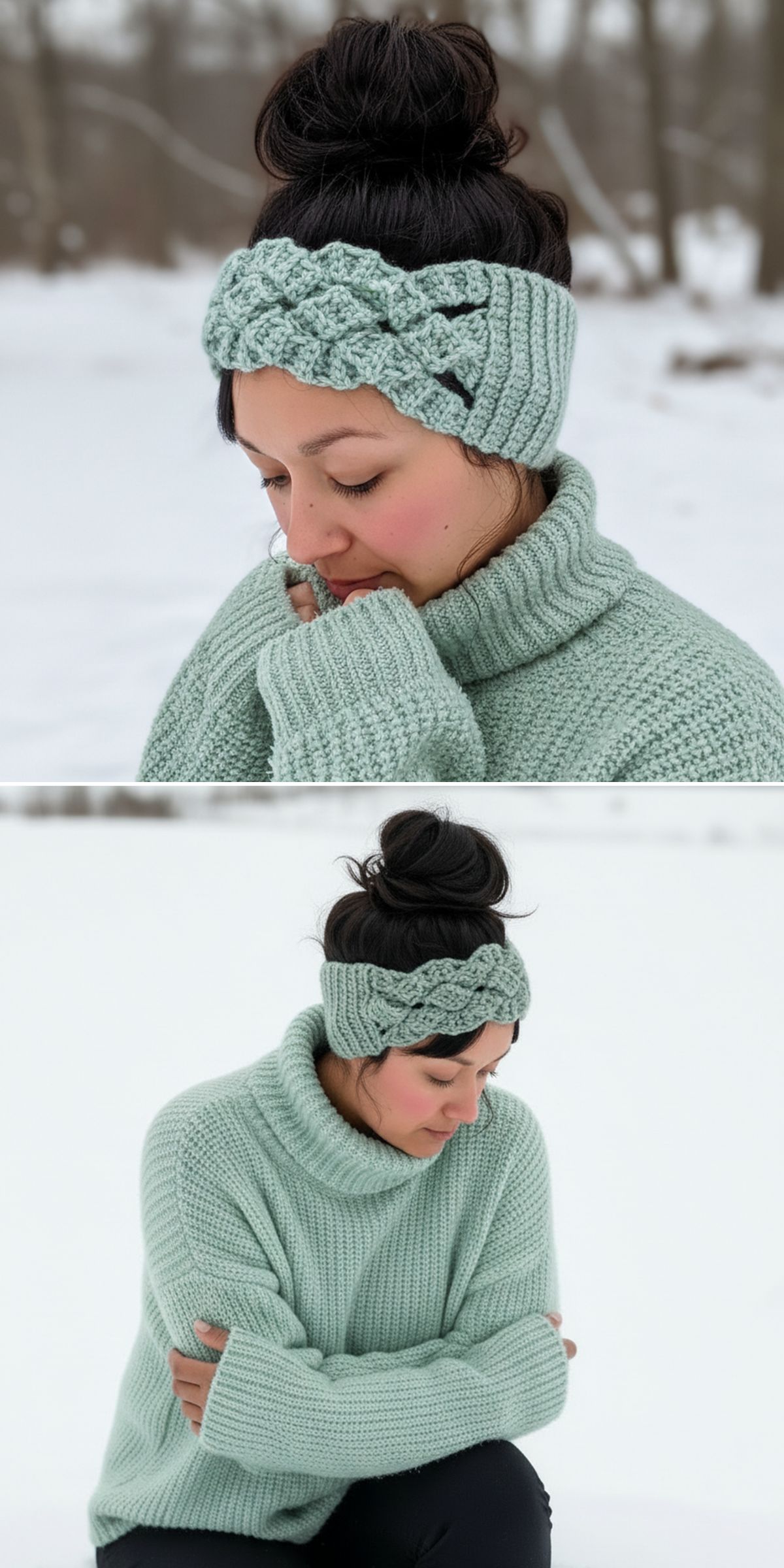 A woman wearing a mint green knit sweater and a matching crochet headband sits outdoors in a snowy landscape, looking down with her hair in a bun.