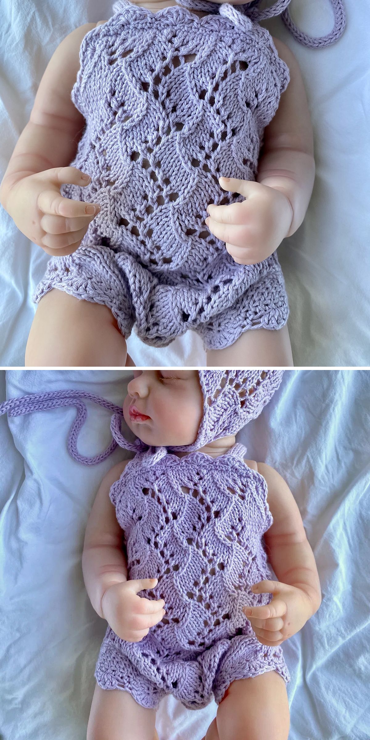 A baby wearing a lavender crocheted romper and bonnet, styled with cozy knitted kids clothes, lies on a white sheet with hands visible near the chest and midsection.