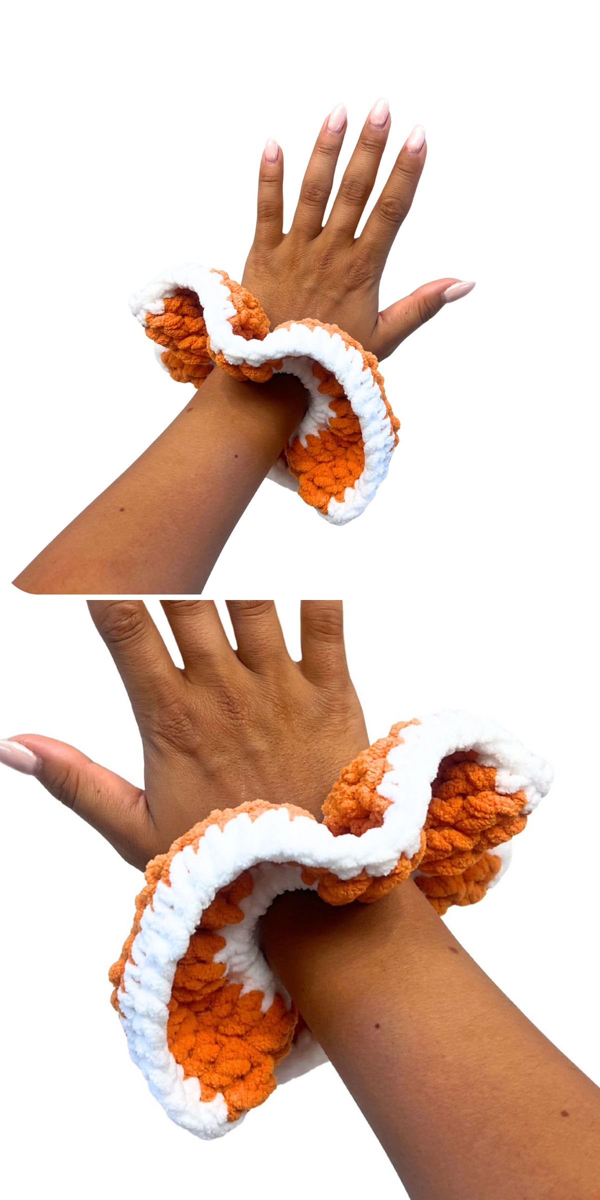 Two images of a hand wearing a large, ruffled crochet scrunchie in orange and white on the wrist, shown from different angles against a white background.