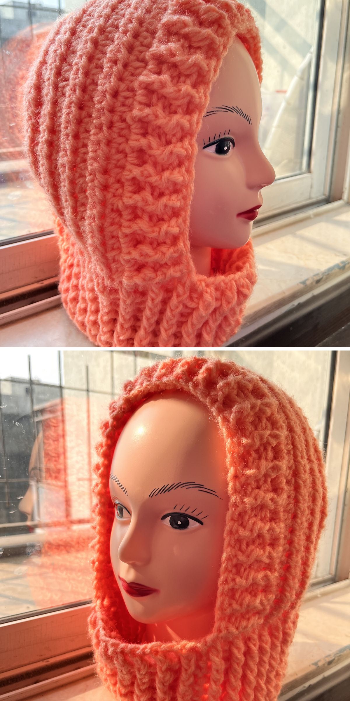 A mannequin head with painted facial features is wearing a textured, peach-colored crochet hood, shown from two angles near a sunlit window.