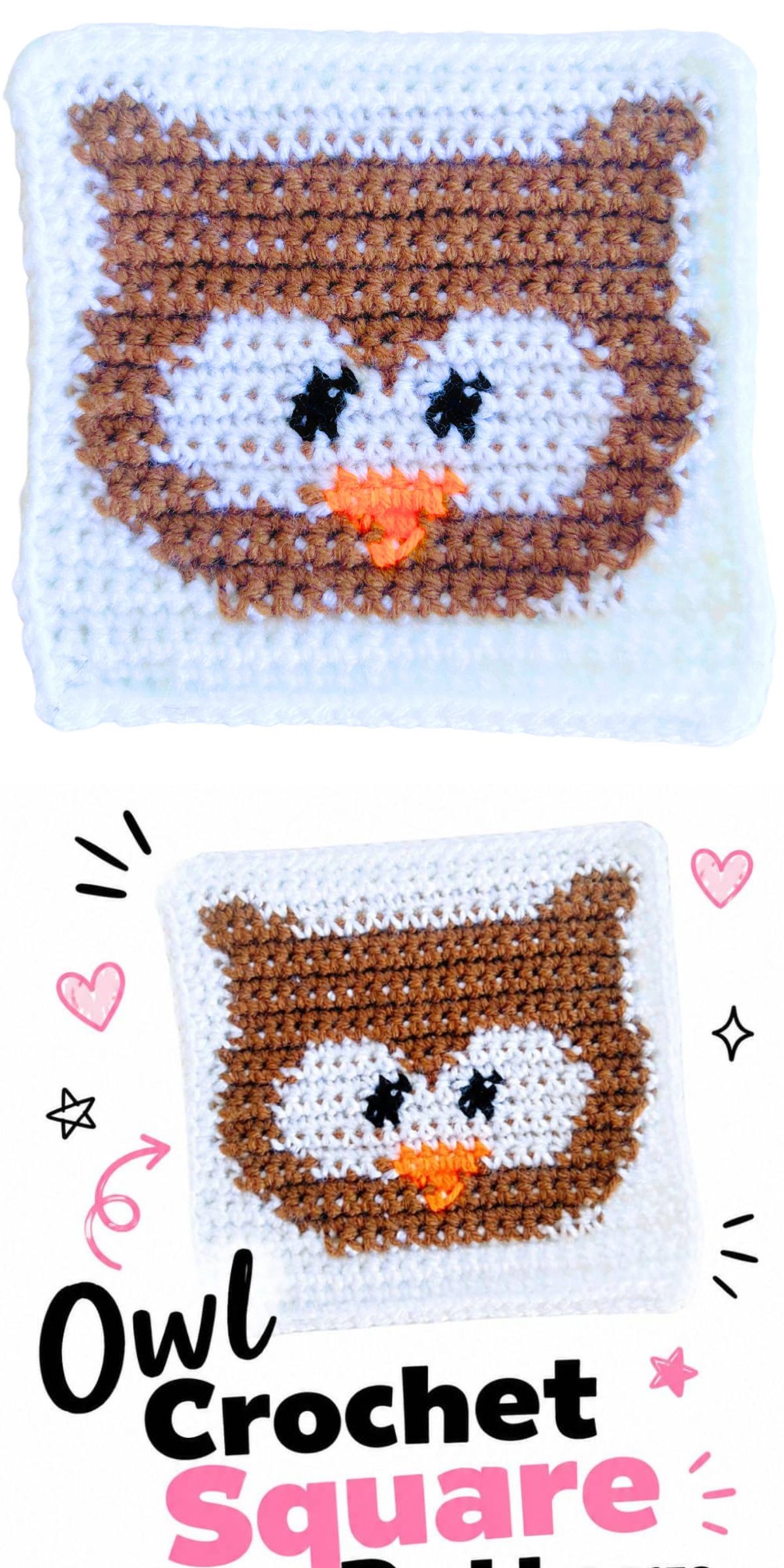 A crochet owl square featuring a brown owl face with white eyes and an orange beak on a white background, shown twice with decorative text and doodles.