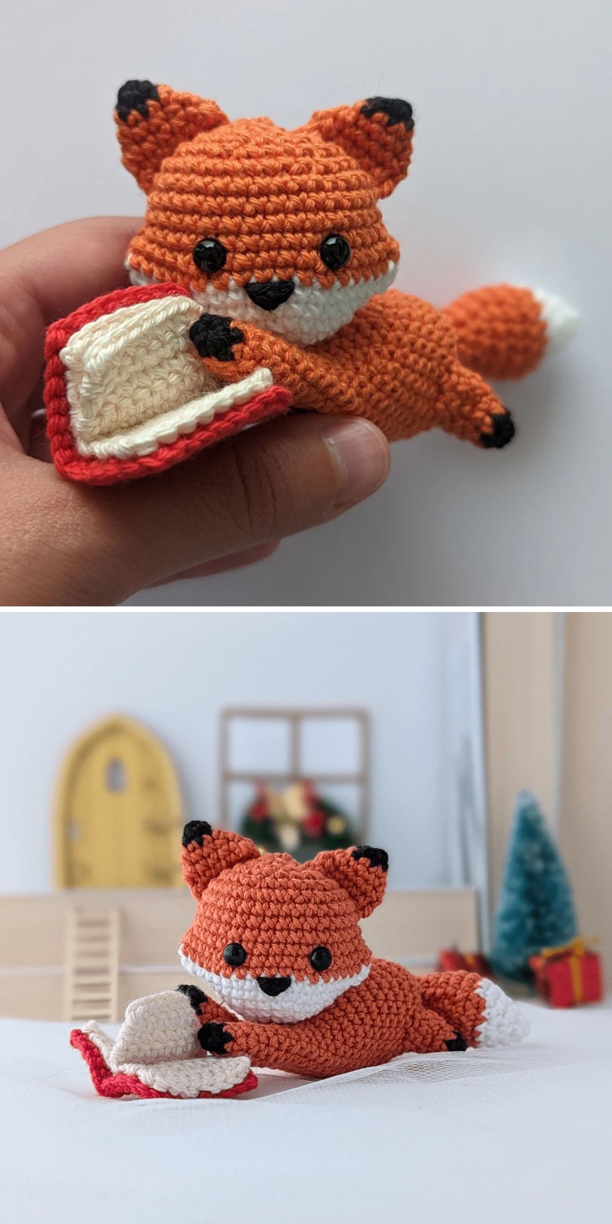 A charming crochet fox holding an open book, first displayed in a hand and then sitting in a cozy miniature room setting.