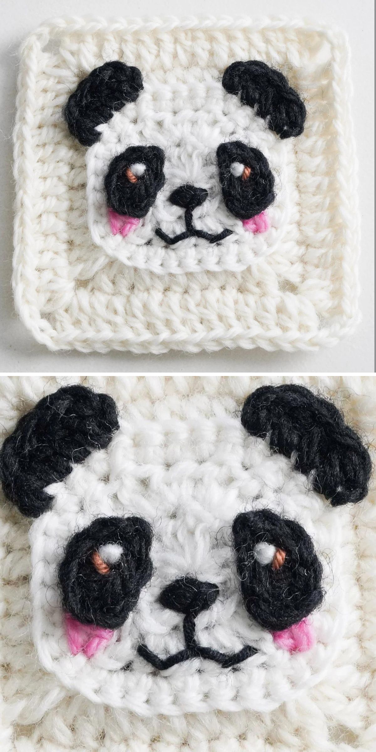 A Crochet Panda square featuring a panda face with black ears, eye patches, nose, and mouth, plus pink cheeks on a white background. Close-up highlights texture and stitching details.