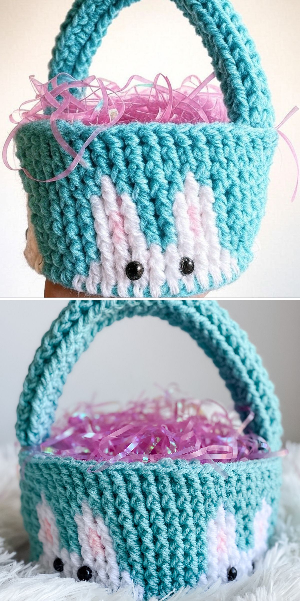 Two views of a crochet Easter basket in blue with a handle, adorned with white bunny faces and filled with pink shredded paper.
