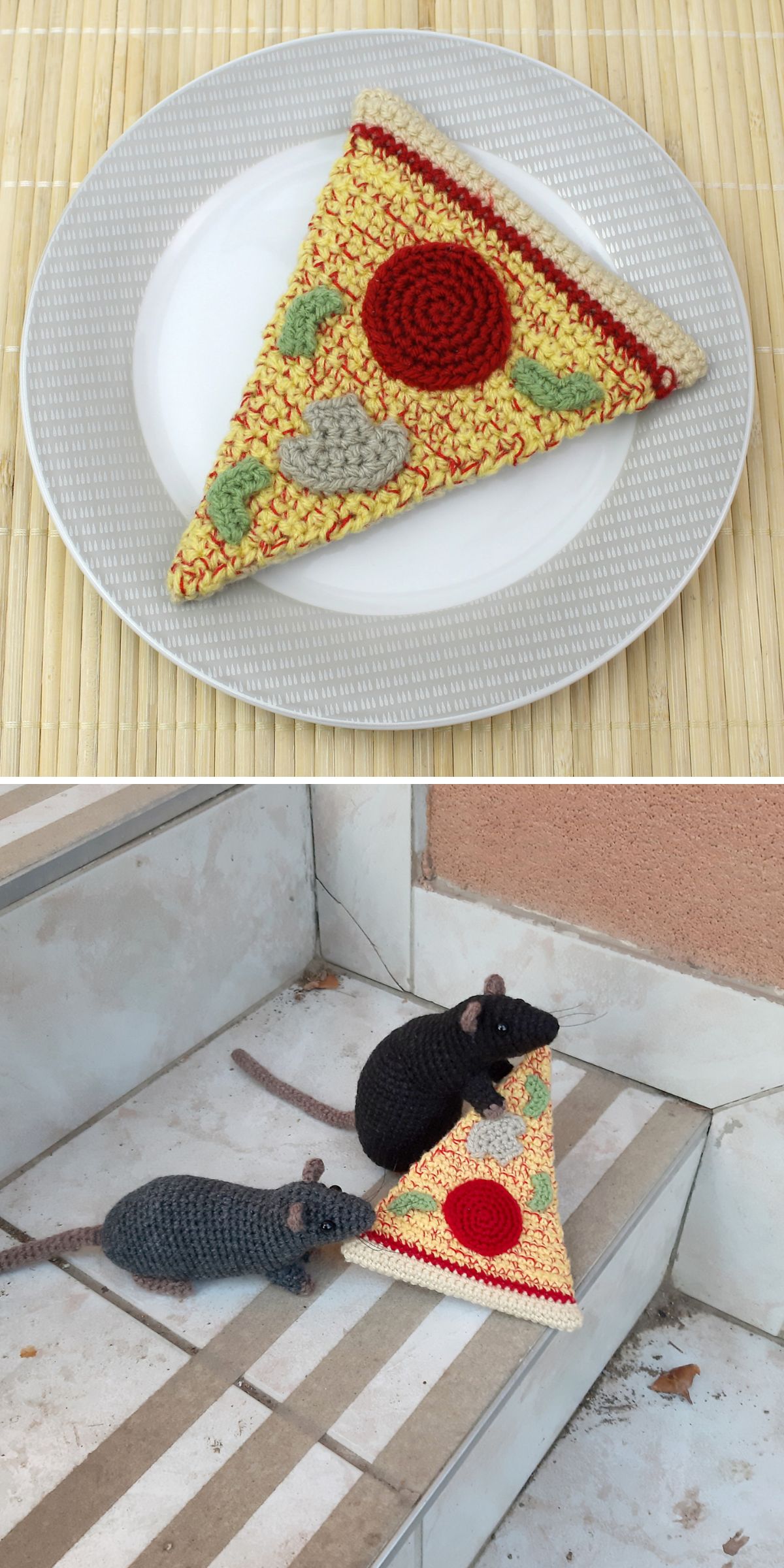 A crocheted pizza slice food amigurumi sits on a plate in the first image; in the second, two crocheted rats interact with the same slice on outdoor steps.