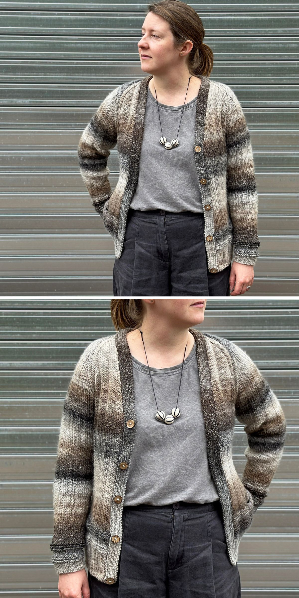 A person wearing a gray and brown striped cardigan — perfect inspiration for those seeking Free Knitting Patterns for Cardigans — along with a gray shirt, dark pants, and a pendant necklace stands in front of a corrugated metal wall.