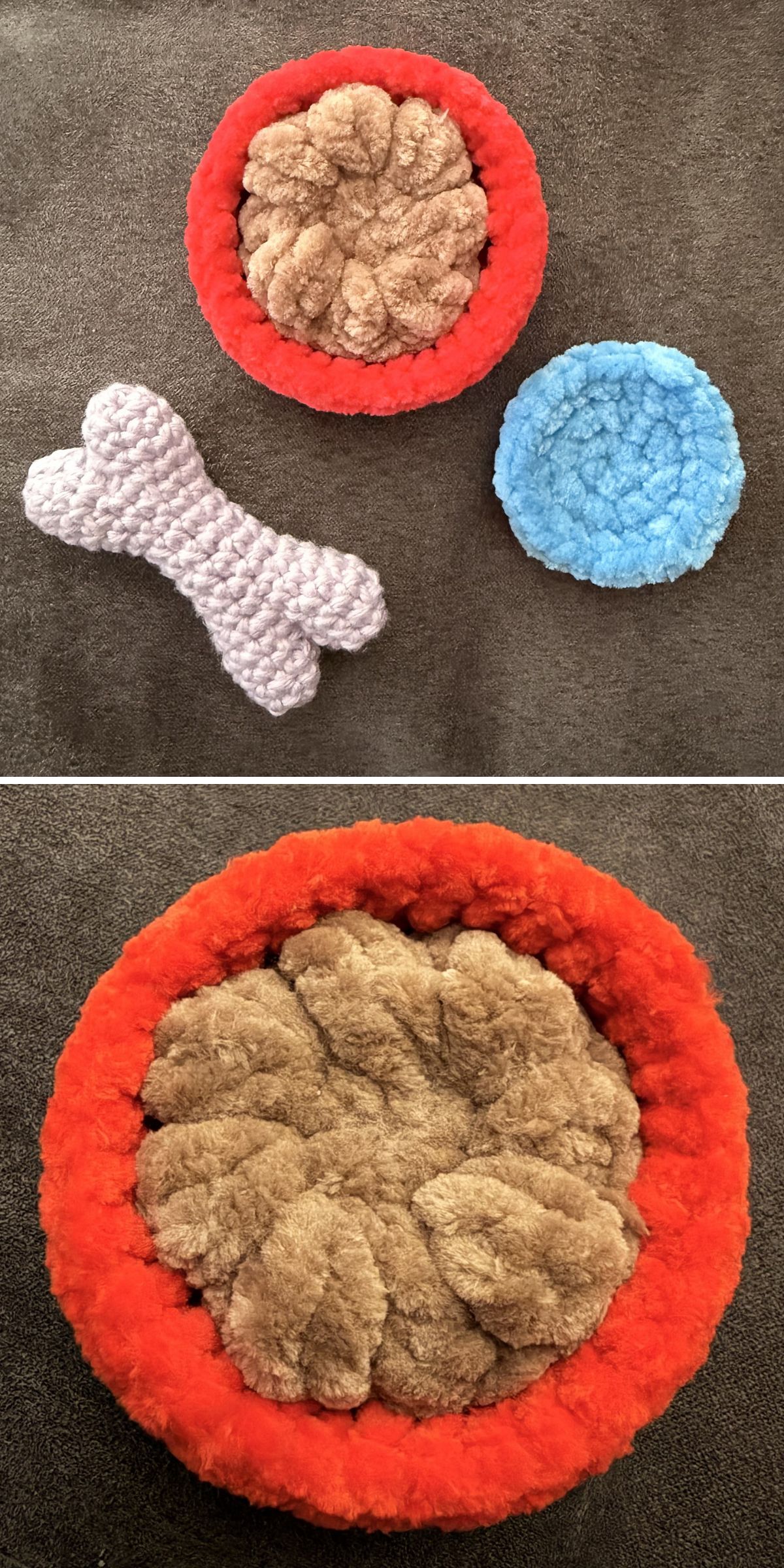 Three crochet dog toys — a red and brown round bowl, a blue round mat, and a light purple bone-shaped toy — are displayed on a dark surface. Close-up of the bed shown below.
