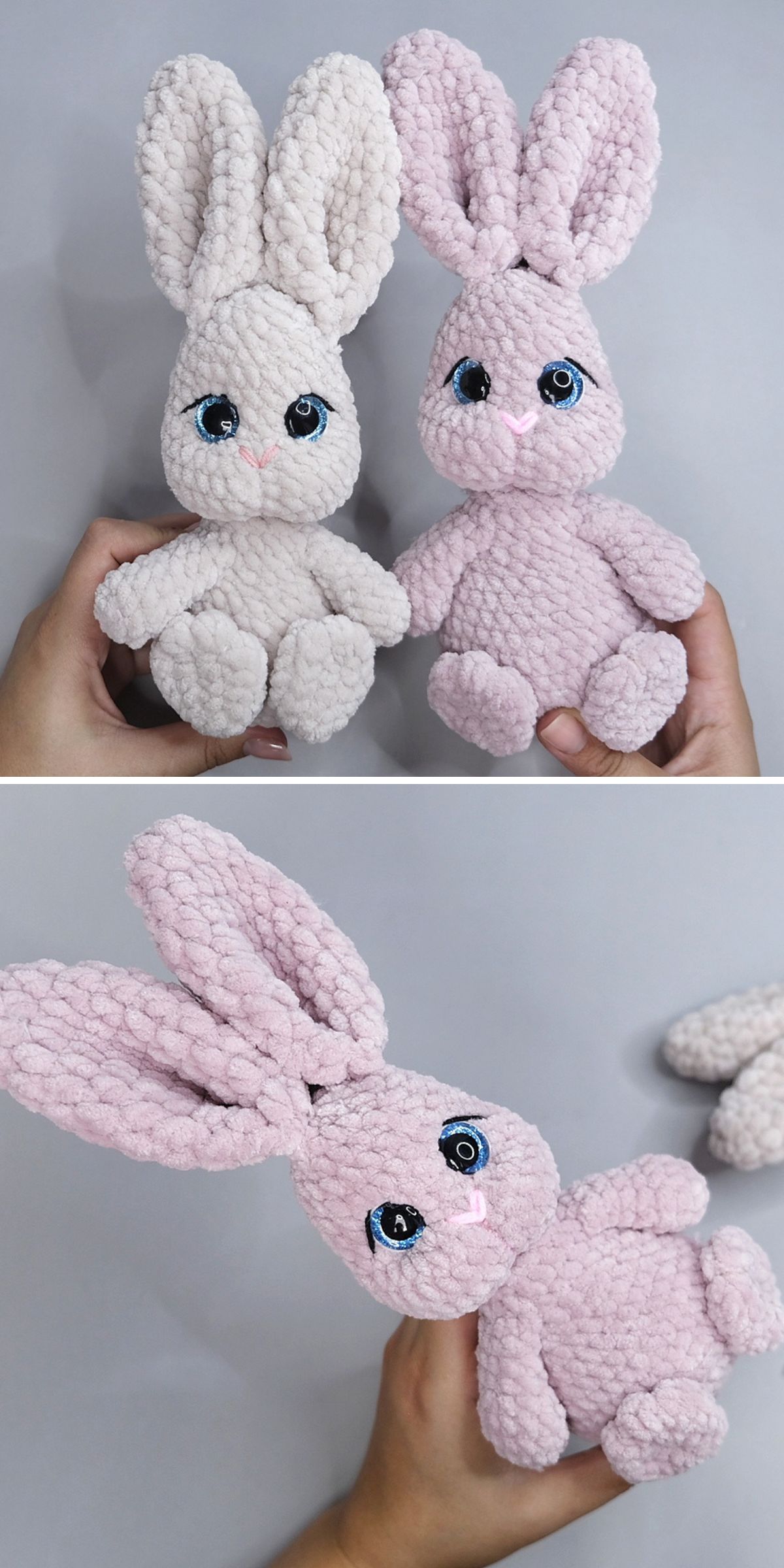Two plush bunny toys with blue eyes are held in hands; one is cream-colored and the other light pink — perfect as Easter decor. Second image shows the pink bunny toy being held up close.