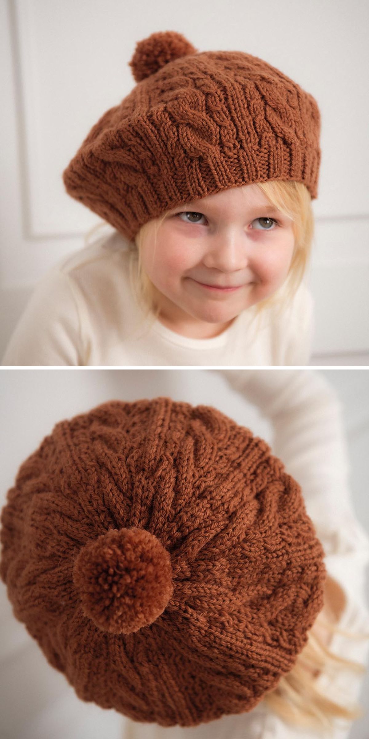 A young child wearing a cozy knitted beret with a pom-pom on top. The first image highlights the child's face, while the second offers a top view of the stylish beret.