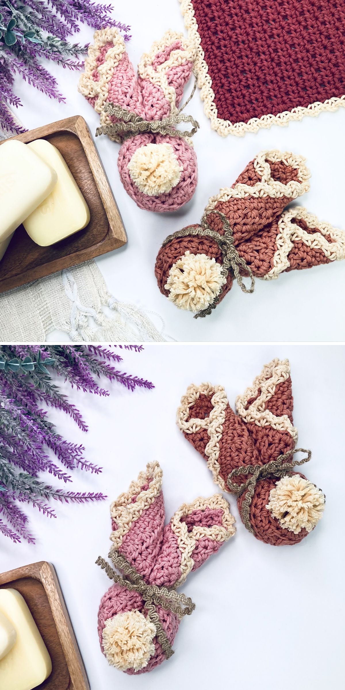 Two photos display crochet Easter decorations, including folded washcloths shaped like bunnies, two bars of soap in a wooden dish, and a crocheted mat on a white surface with lavender.