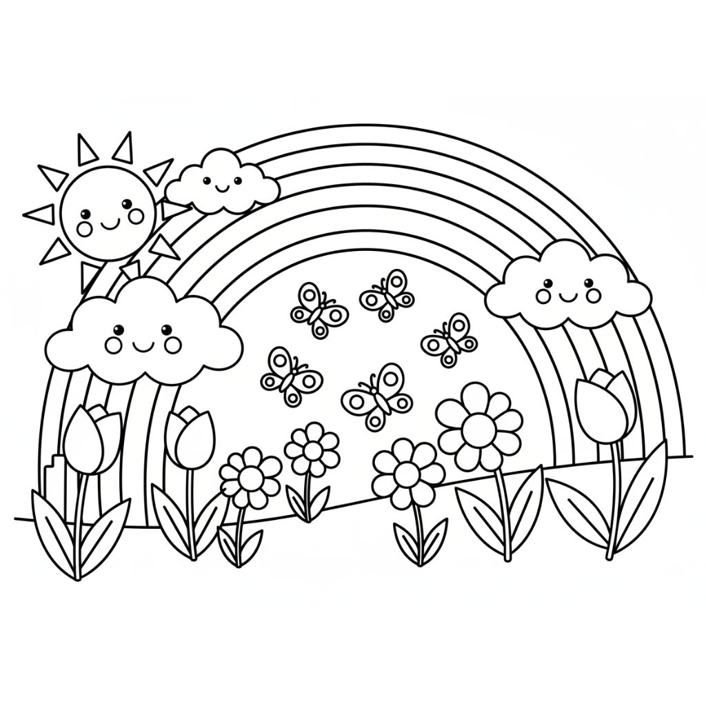 Black and white drawing of a rainbow, sun, clouds, butterflies, and flowers with smiling faces — perfect Spring coloring pages in a free PDF printable for kids.
