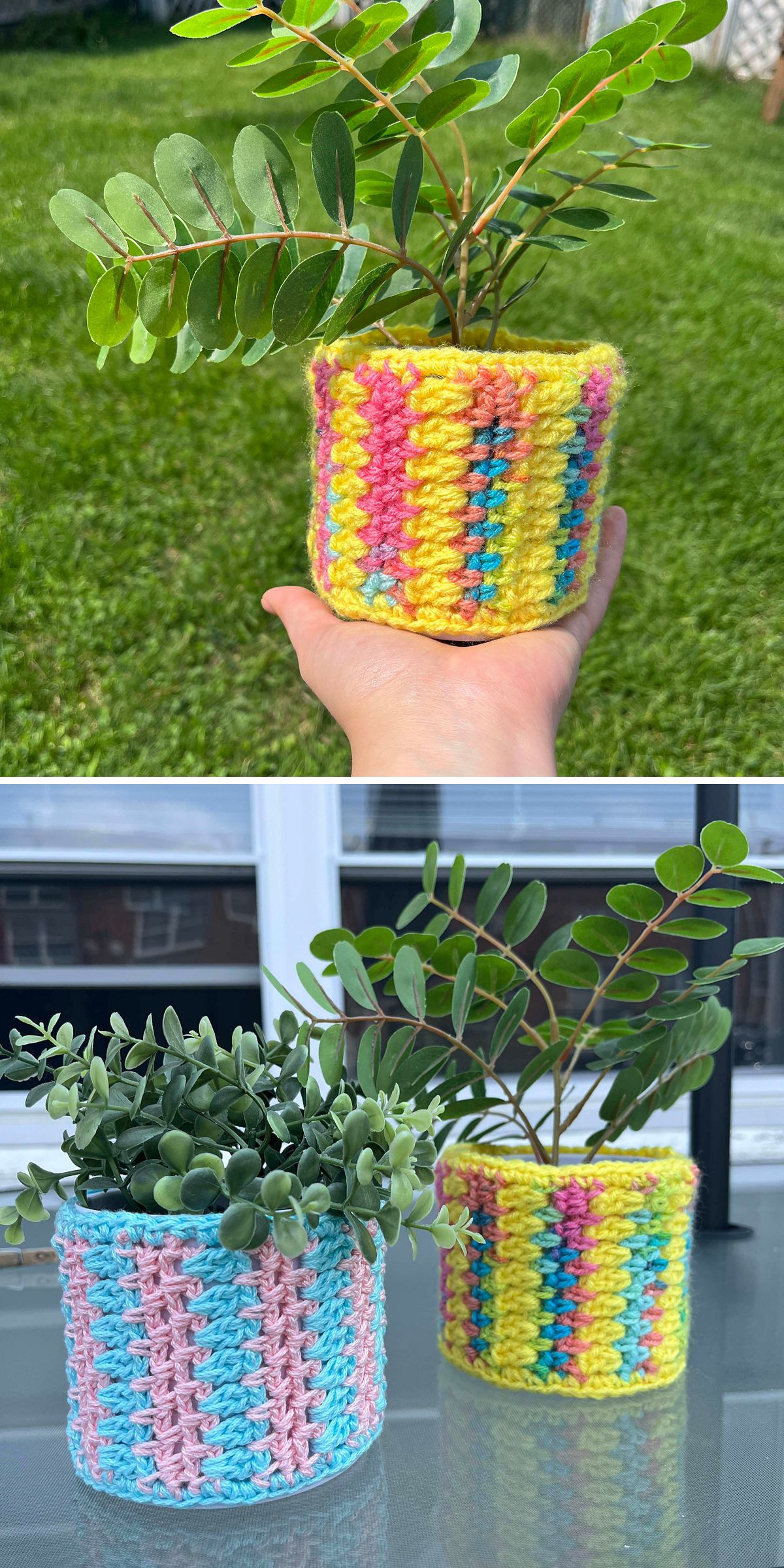 Photo of hand holding a potted plant in a yellow, pink, and blue crochet plant pot cover; below, two potted plants with crochet pot covers in different colors rest on a table.