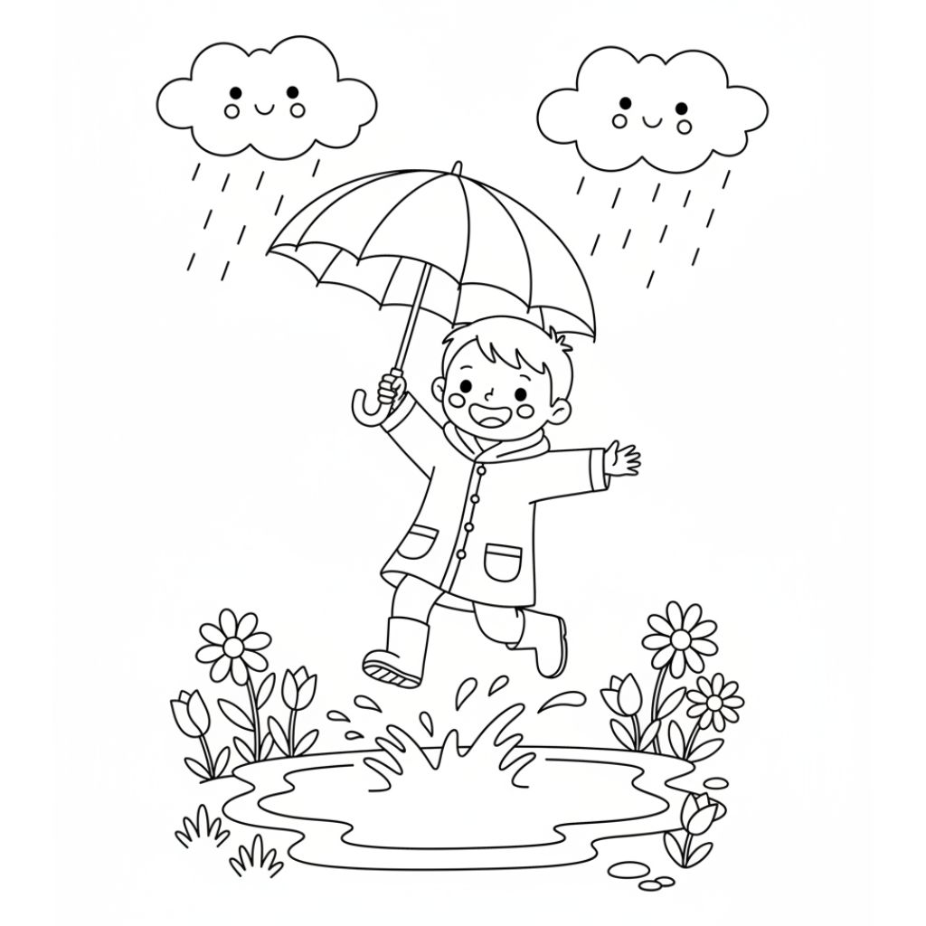 A child holds an umbrella and jumps into a puddle while it rains. Flowers and grass cover the ground, with two cartoon clouds in the sky. Perfect for spring coloring pages and available as a free PDF printable for kids.