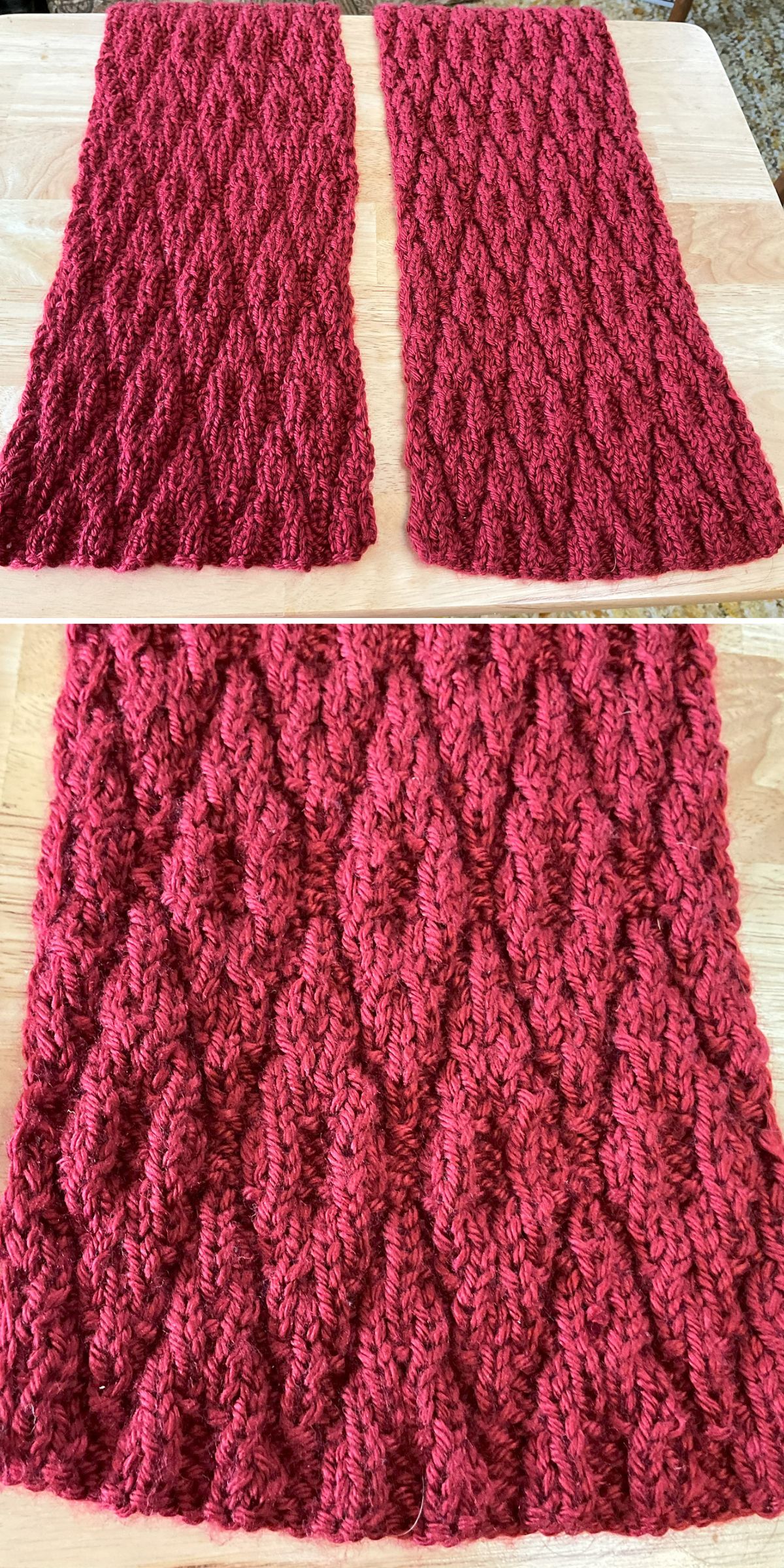 Two images show a hand-knitted red scarf with a raised diamond pattern, displayed flat on a wooden surface. A close-up highlights the texture and stitch detail, perfect for those seeking unique knitting scarf patterns.