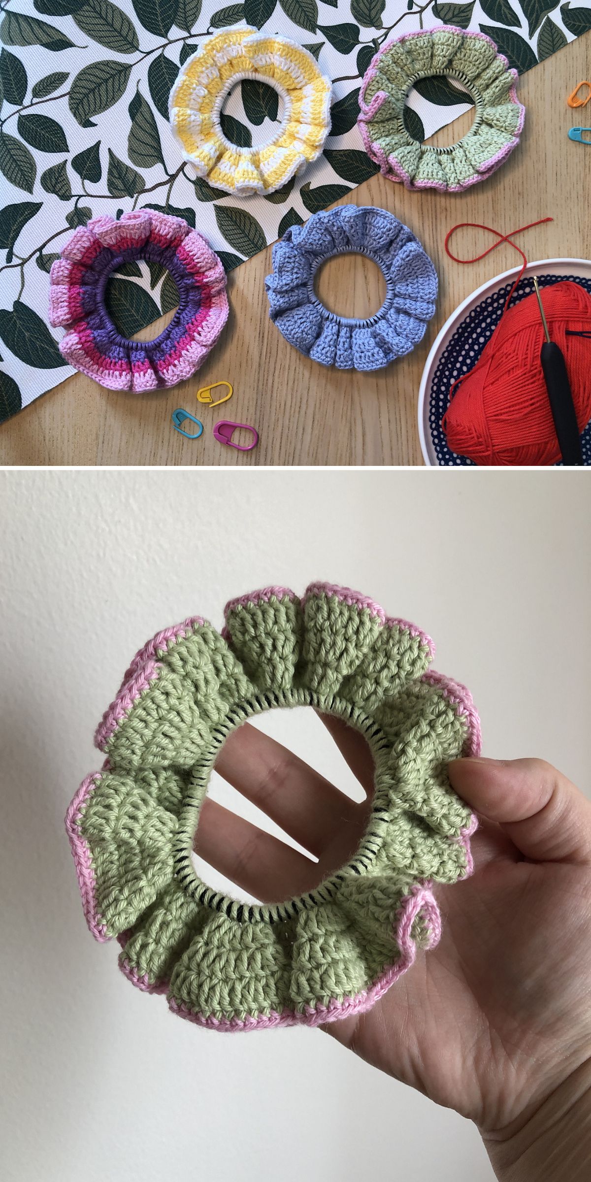 Four crochet scrunchies in different colors are displayed on a leafy surface; a hand holds one green and pink crochet scrunchie in a close-up in the second image.