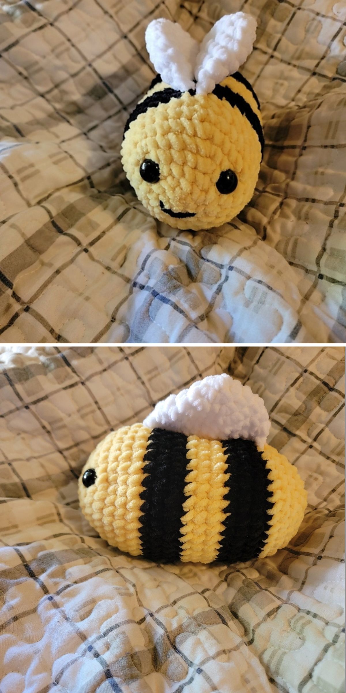 A crochet bee amigurumi in yellow and black with white wings sits on a beige patterned blanket, shown from front and side angles.